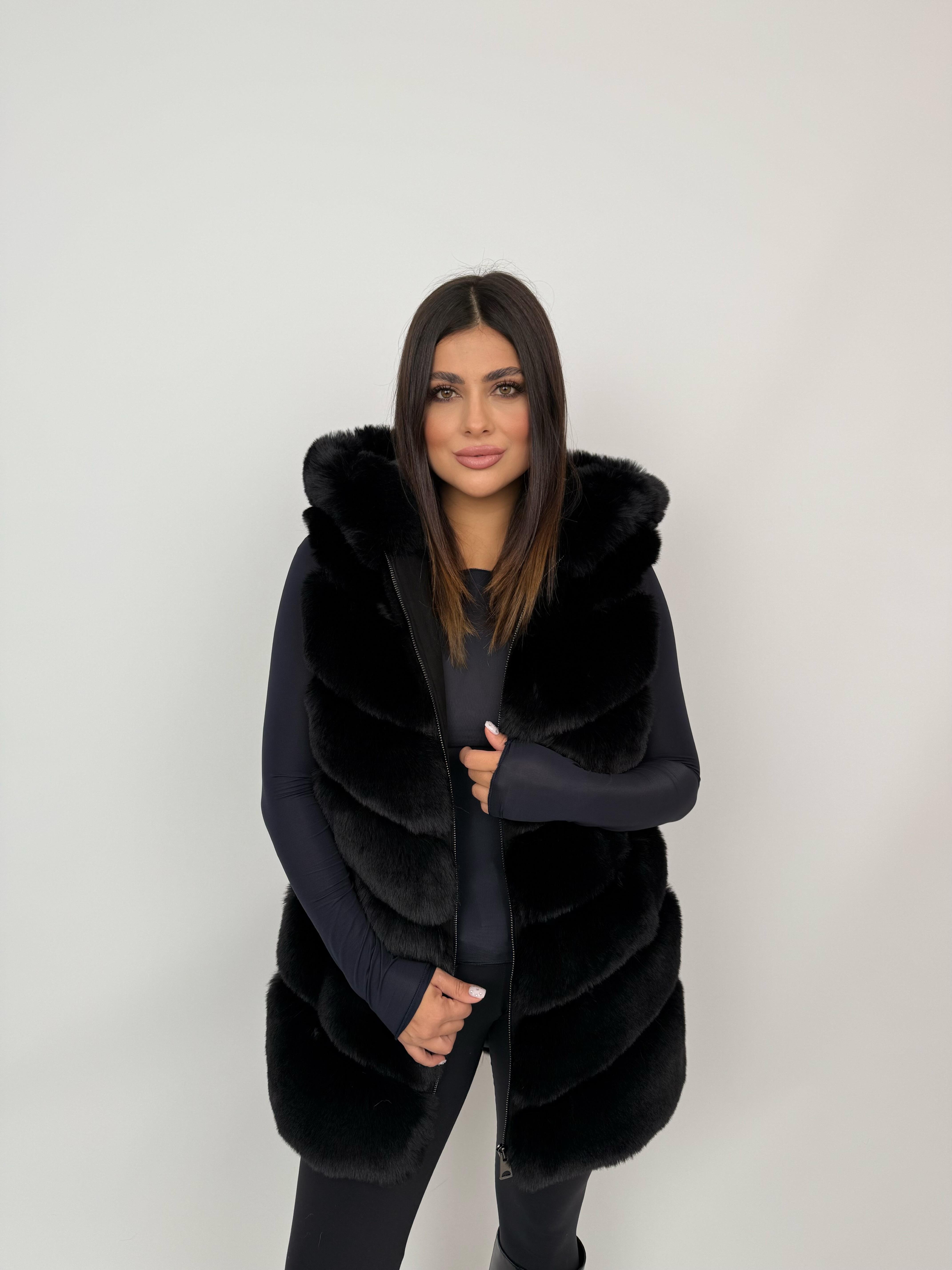 CLASSIC Kapüşonlu Suni Kürk Yelek - Siyah