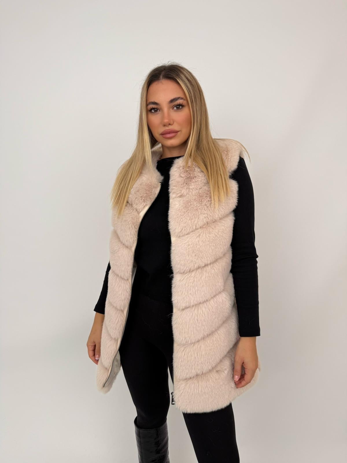 CLASSIC 7 Sıra Dilimli Suni Kürk Yelek - Bej