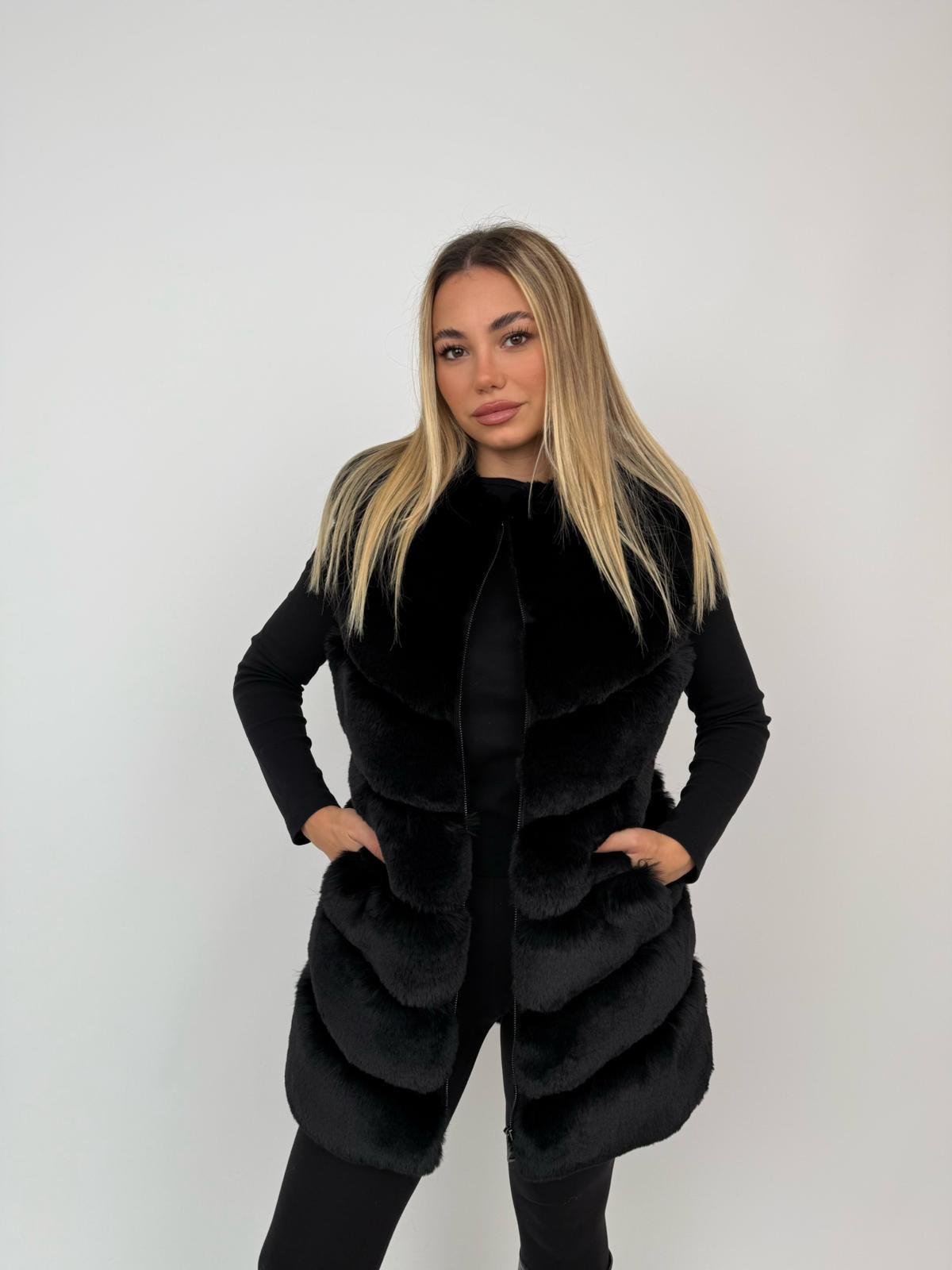 CLASSIC 7 Sıra Dilimli Suni Kürk Yelek - Siyah