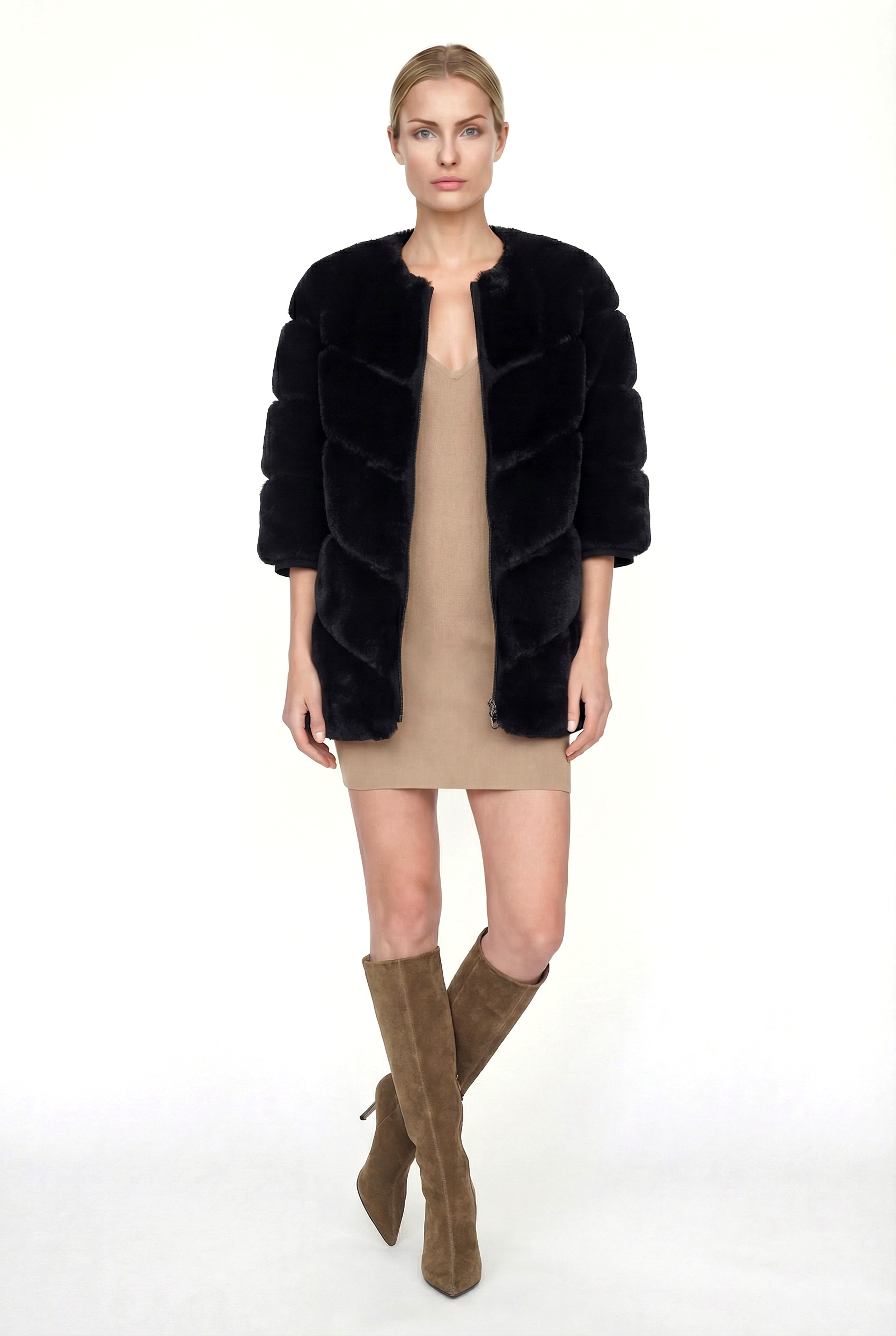 CLASSIC Yarım Kol Dilimli Suni Kürk Ceket - Siyah