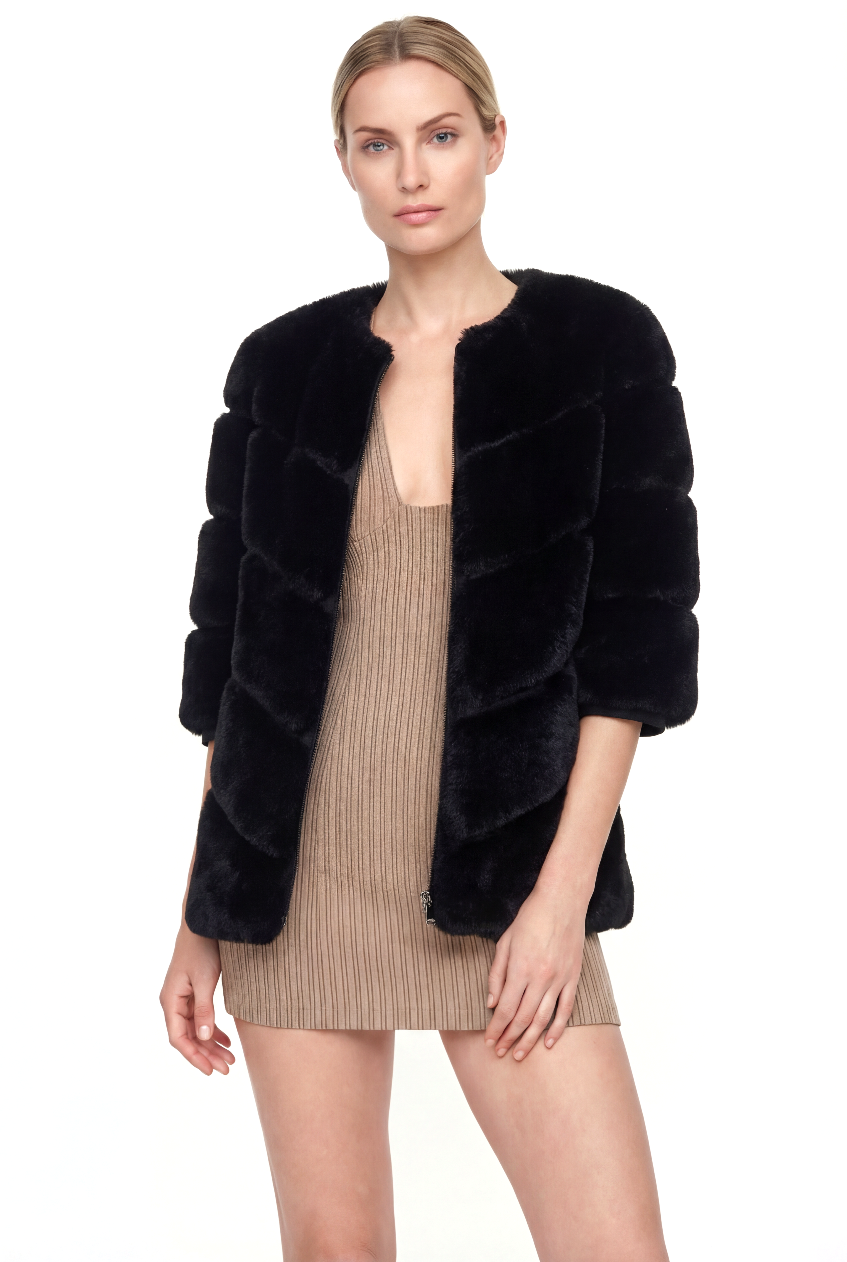 CLASSIC Yarım Kol Dilimli Suni Kürk Ceket - Siyah