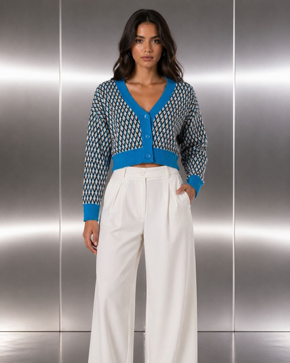 Desenli Triko Hırka - Mavi