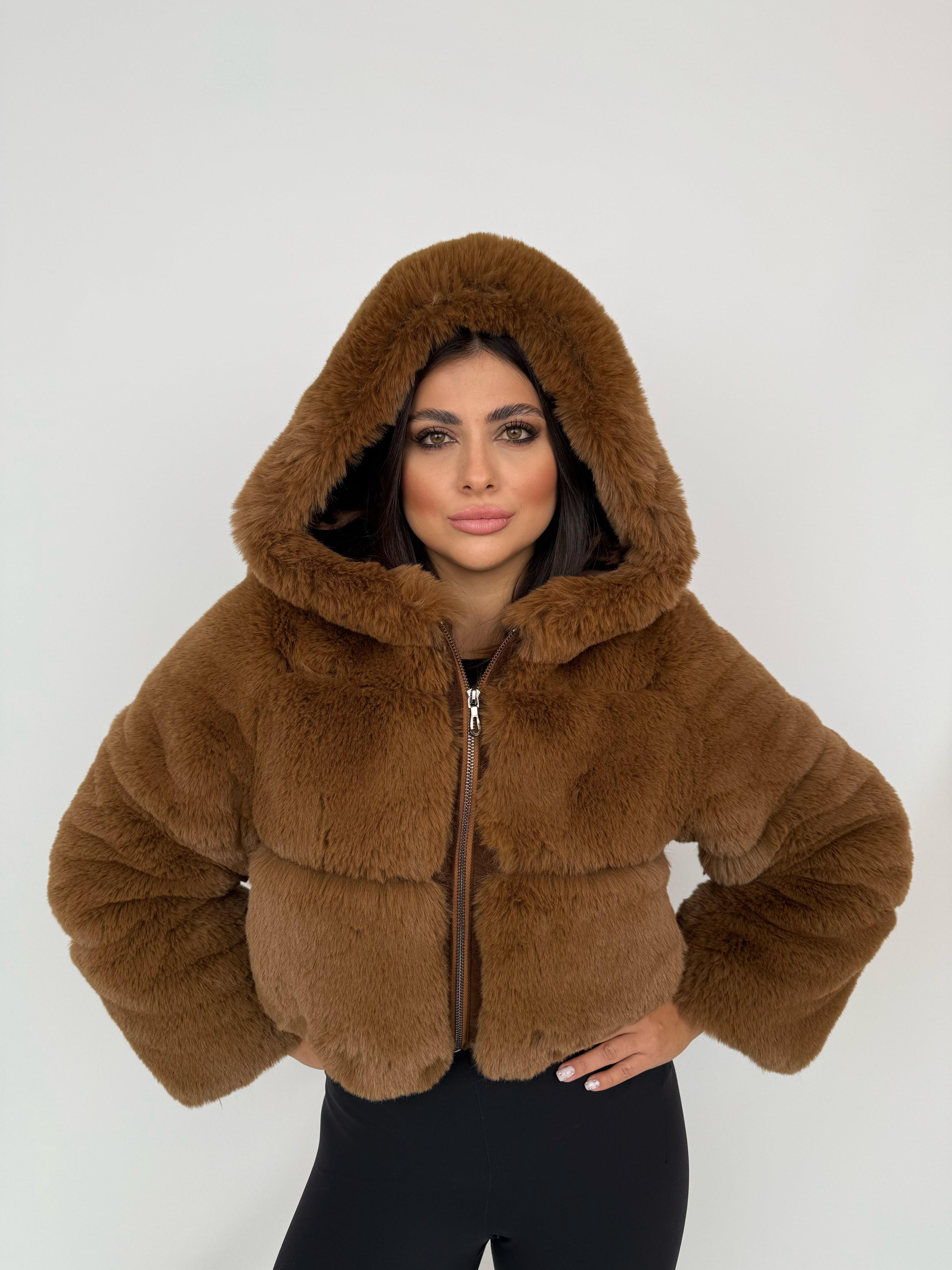 FOXY Kapüşonlu Kısa Suni Kürk Ceket - Kahverengi