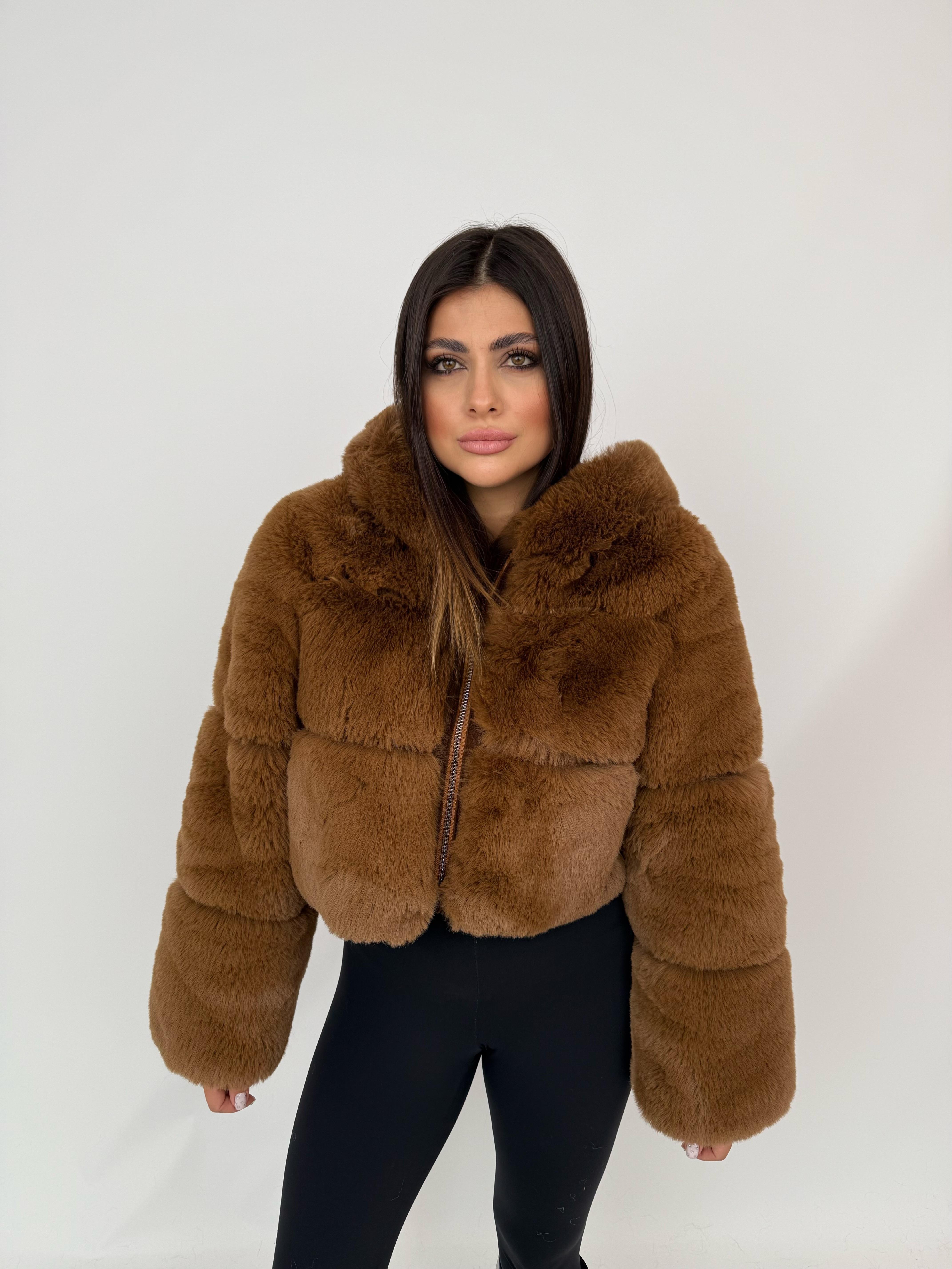 FOXY Kapüşonlu Kısa Suni Kürk Ceket - Kahverengi