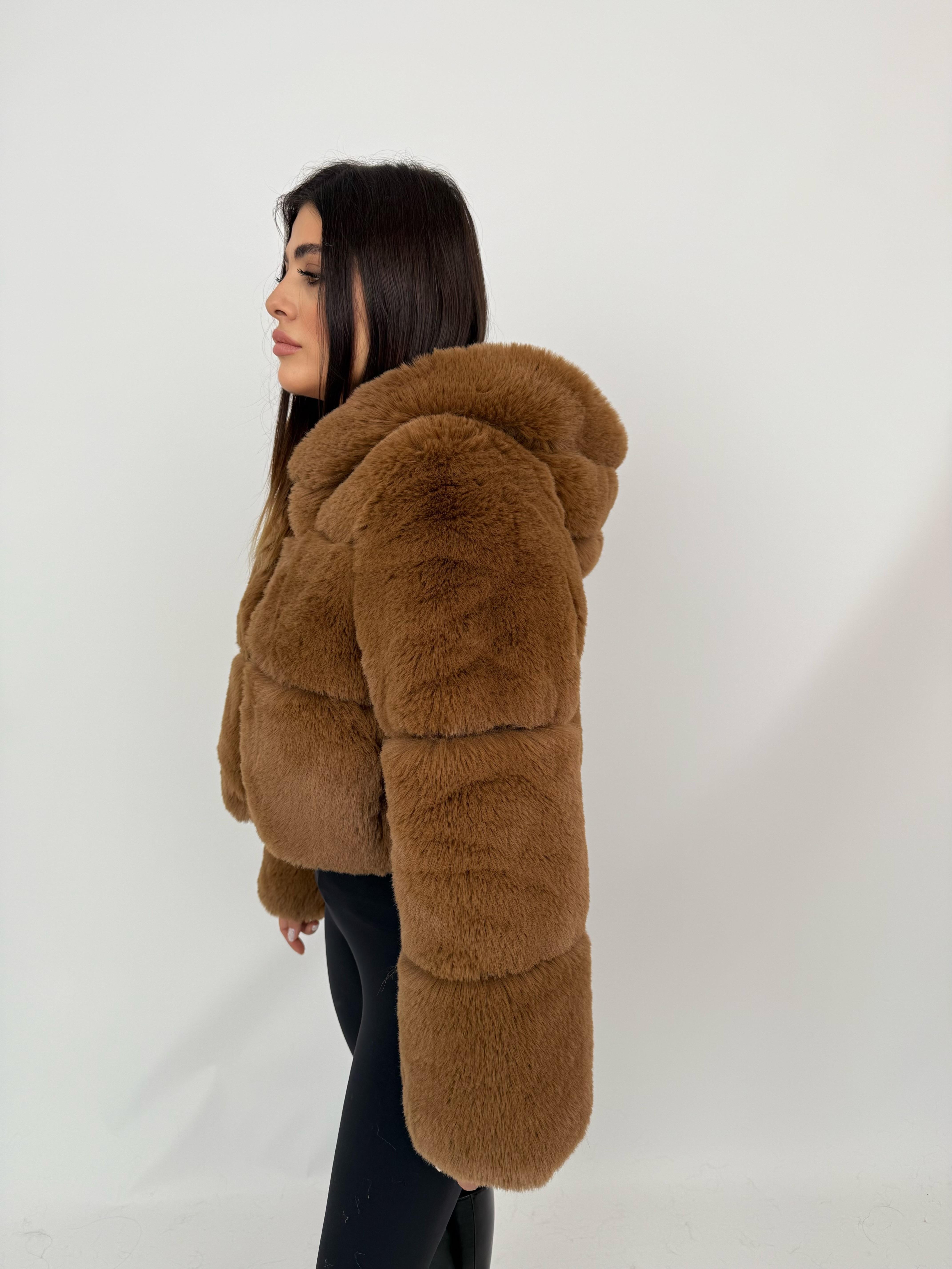 FOXY Kapüşonlu Kısa Suni Kürk Ceket - Kahverengi