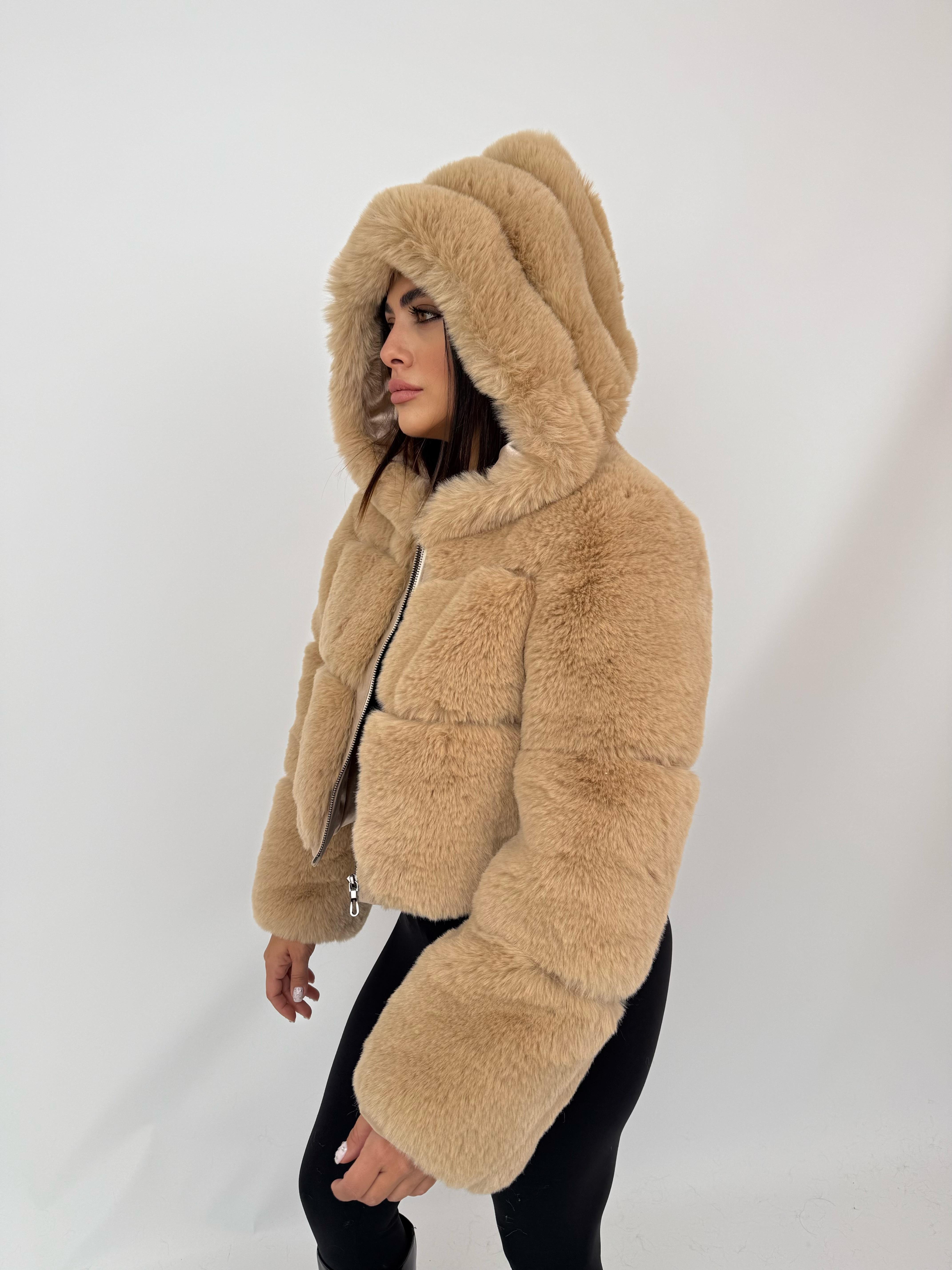 FOXY Kapüşonlu Kısa Suni Kürk Ceket - Şampanya