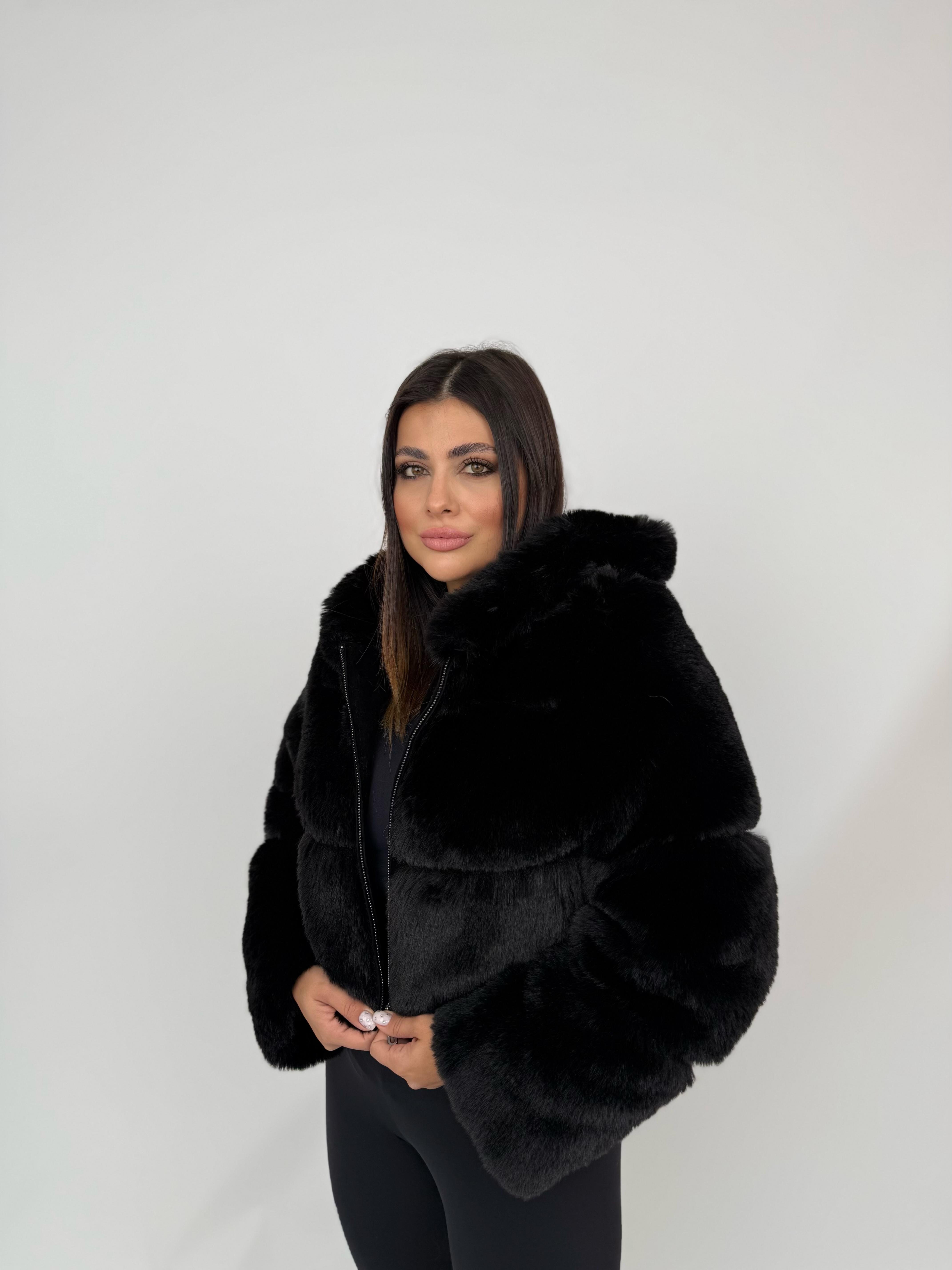 FOXY Kapüşonlu Kısa Suni Kürk Ceket - Siyah
