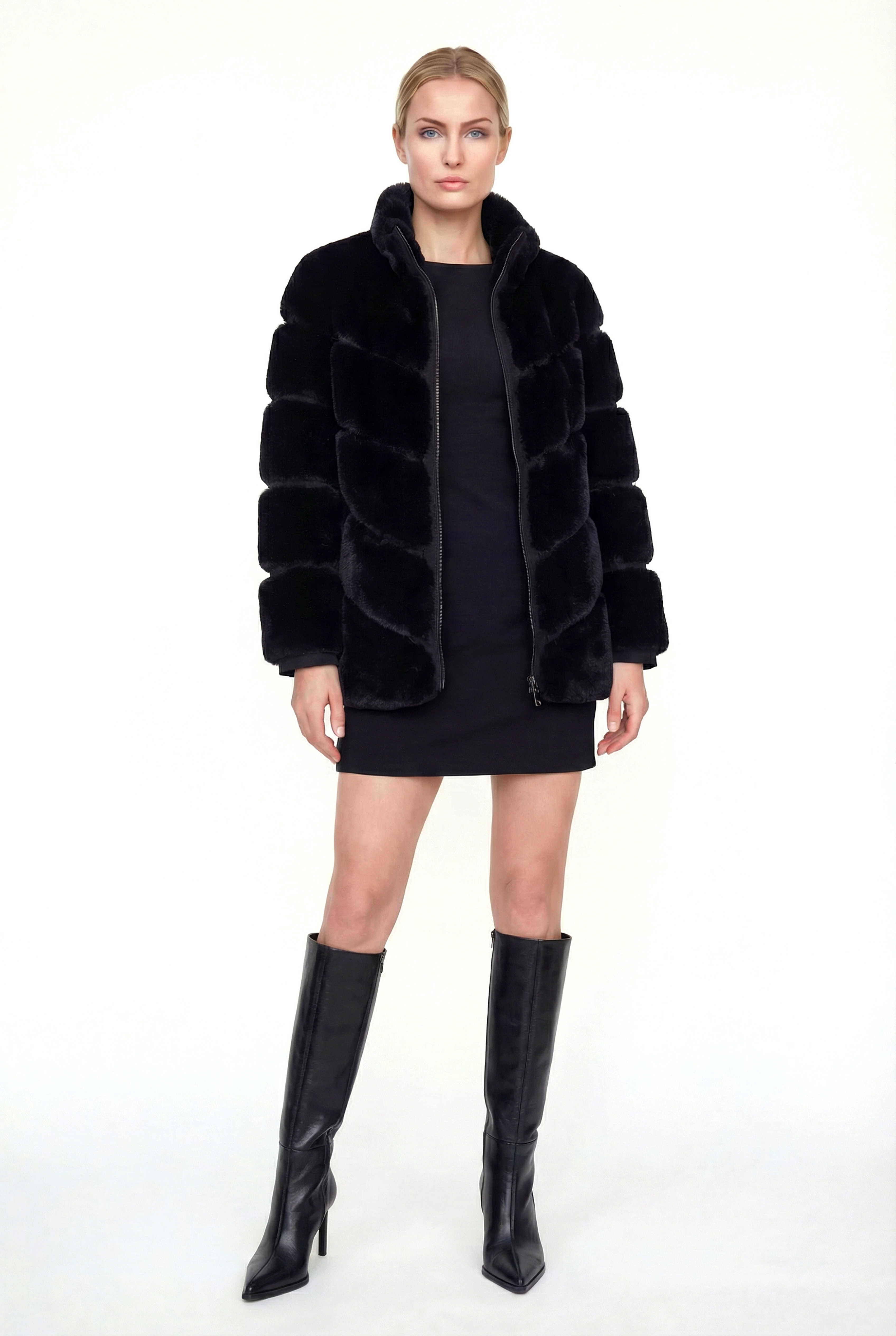 GALA Dik Yakalı Dilim Detaylı Suni Kürk Ceket - Siyah