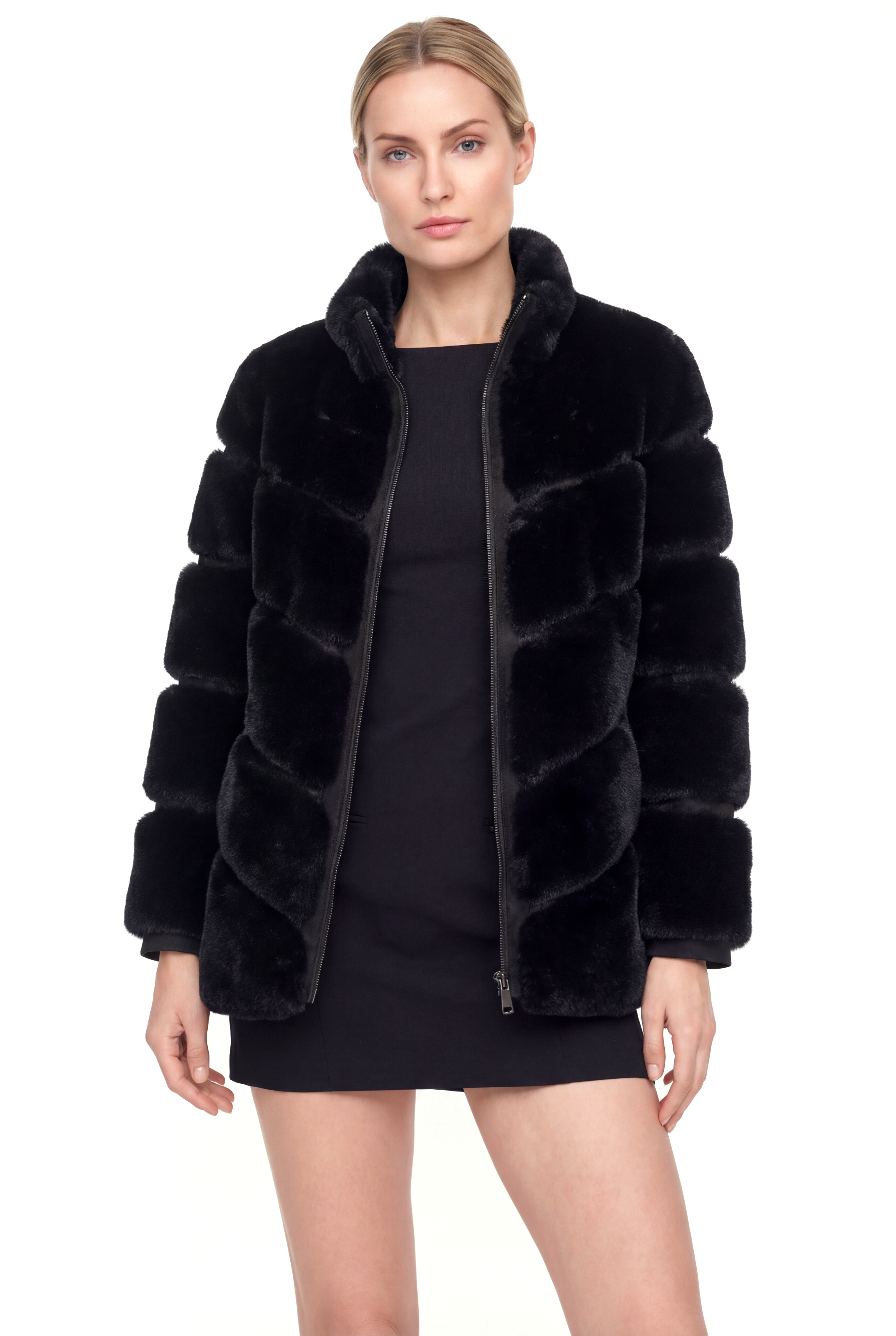 GALA Dik Yakalı Dilim Detaylı Suni Kürk Ceket - Siyah