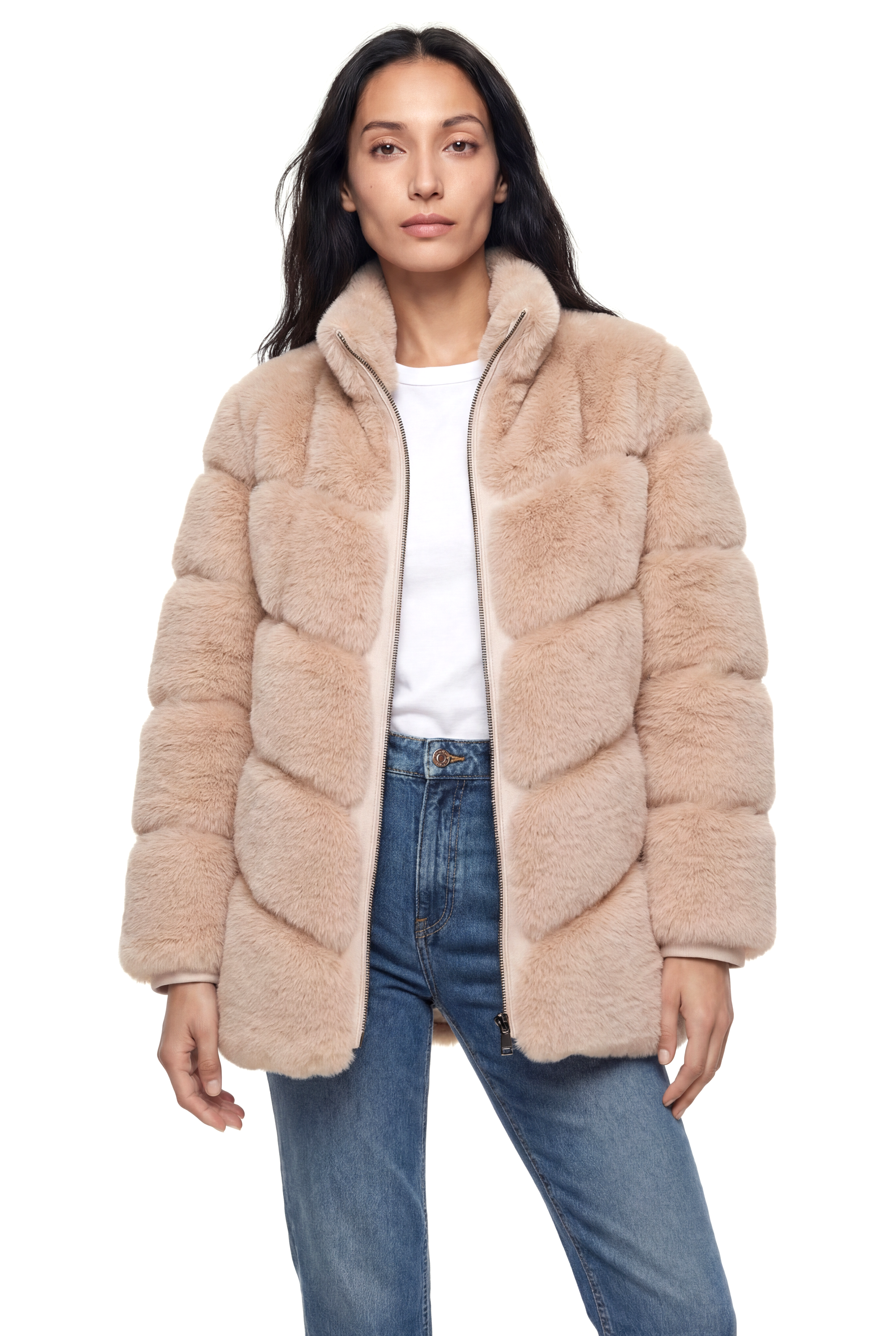 GALA Dik Yakalı Dilim Detaylı Suni Kürk Ceket - Bej