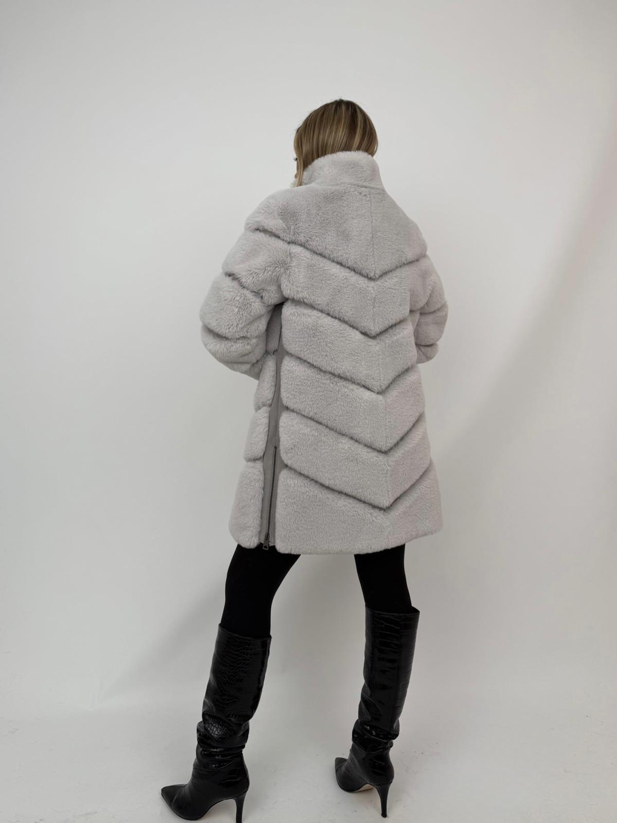 GIZZA Dik Yaka Diz Altı Fermuarlı Suni Kürk Ceket - Buz