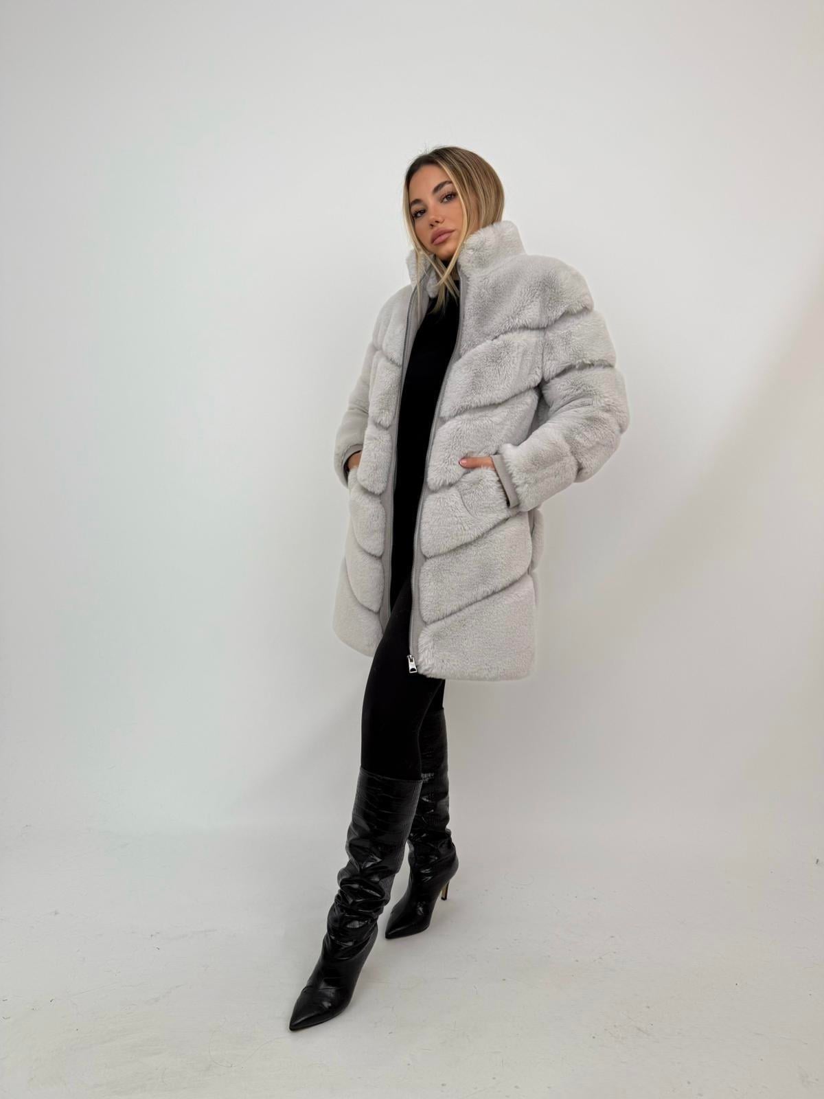 GIZZA Dik Yaka Diz Altı Fermuarlı Suni Kürk Ceket - Buz