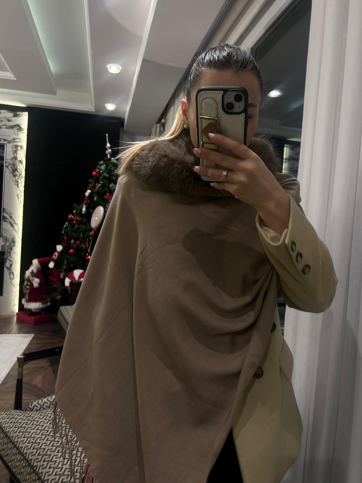 JF Kürklü Püsküllü Şal - Vizon