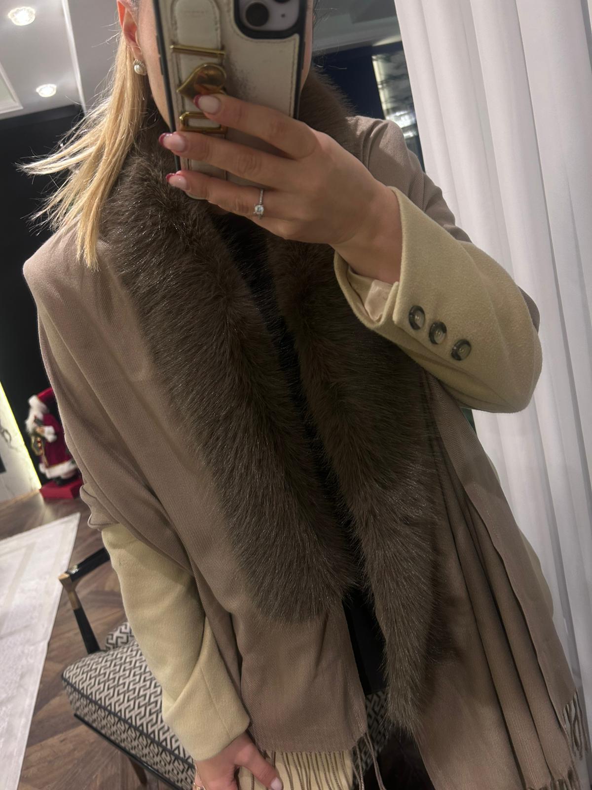 JF Kürklü Püsküllü Şal - Vizon