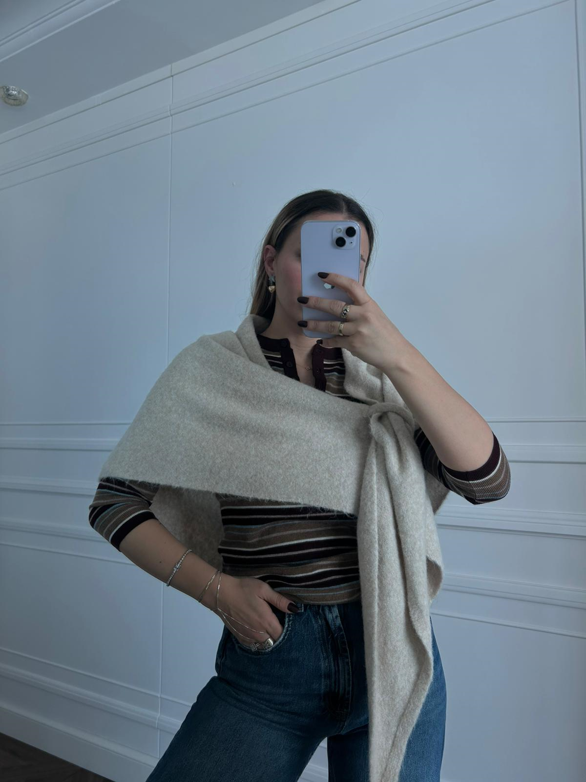 JF Üçgen İçten Geçmeli Triko Şal - Bej