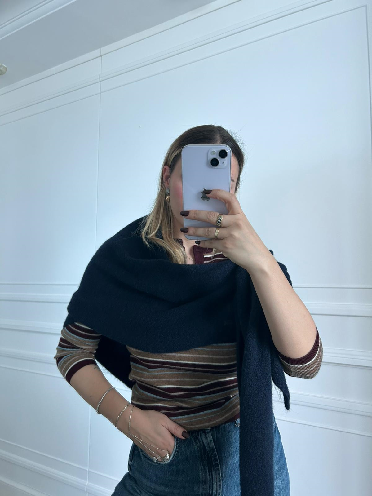 JF Üçgen İçten Geçmeli Triko Şal - Lacivert