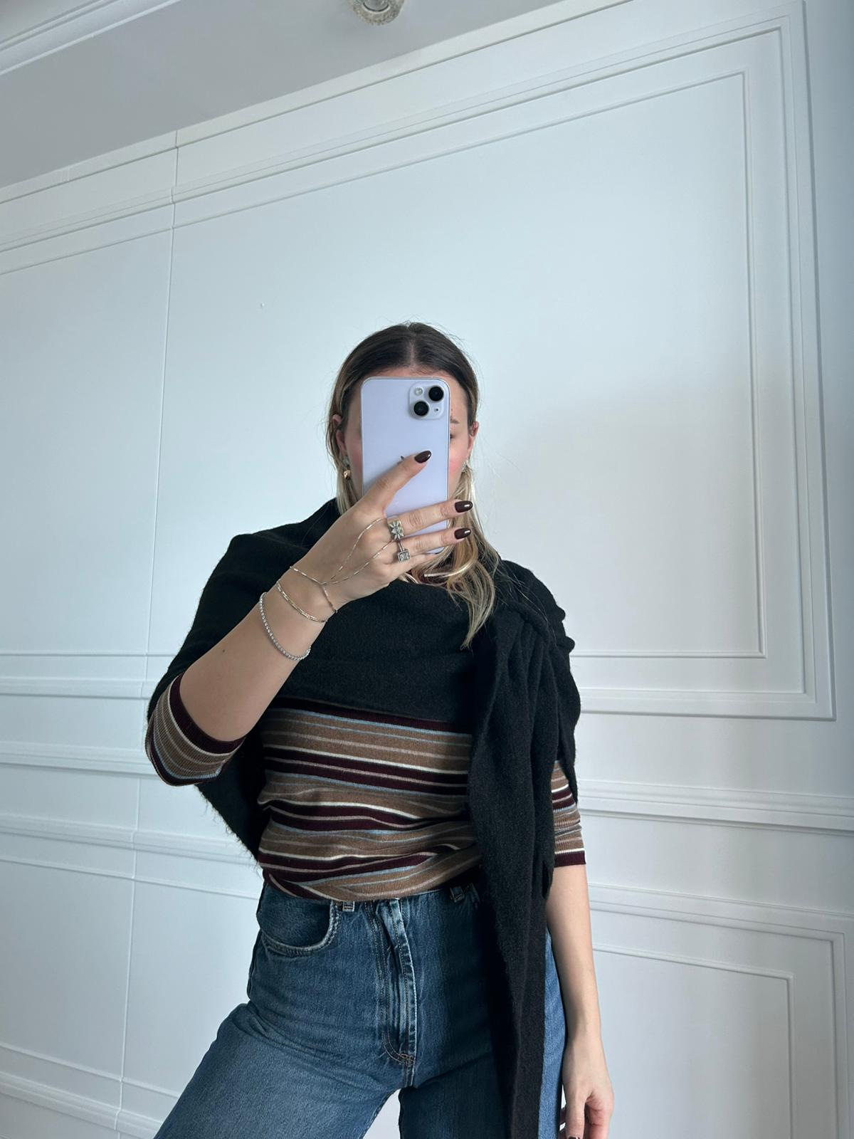 JF Üçgen İçten Geçmeli Triko Şal - Siyah