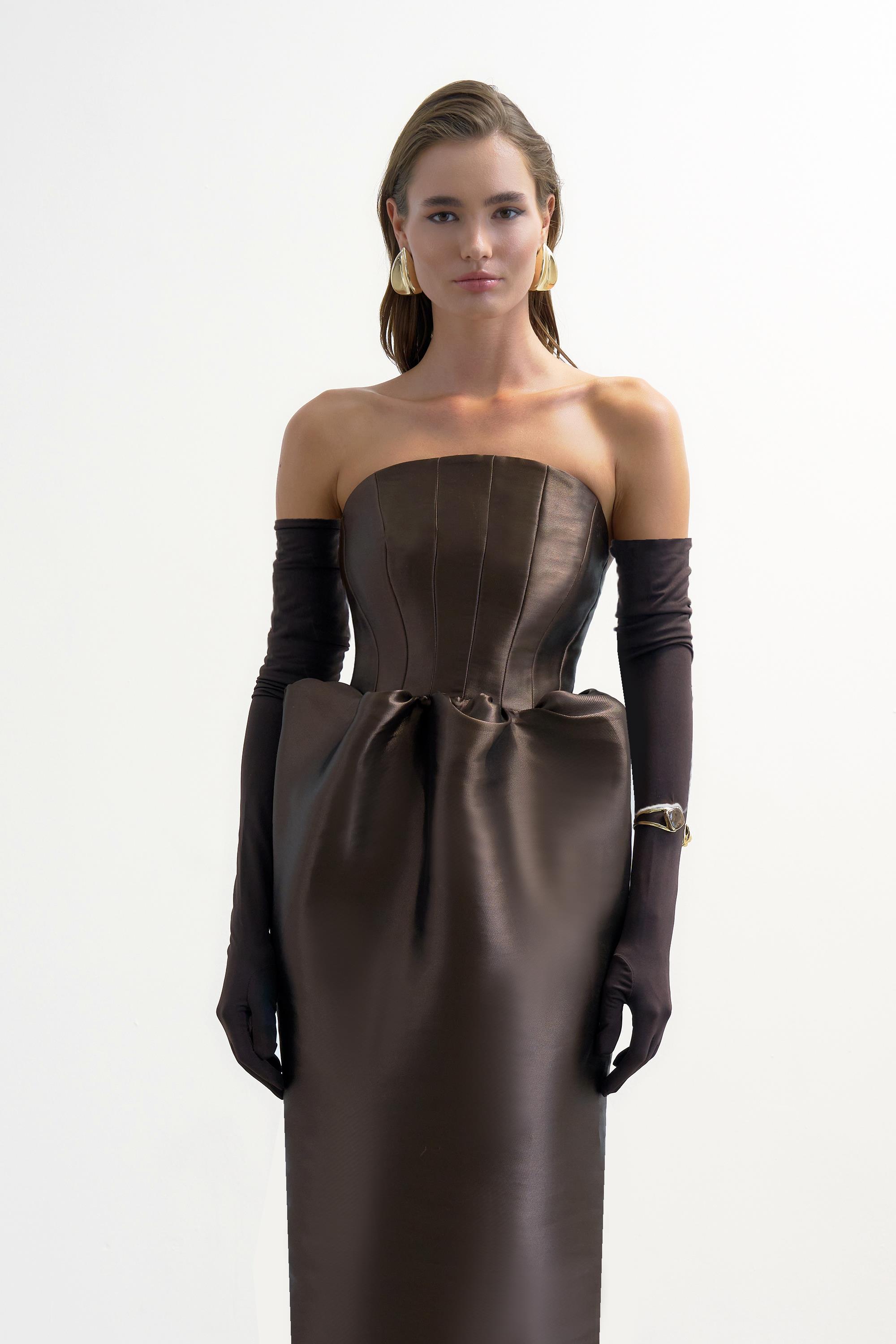 Korseli Balon Etek Detaylı Midi Elbise - Kahverengi