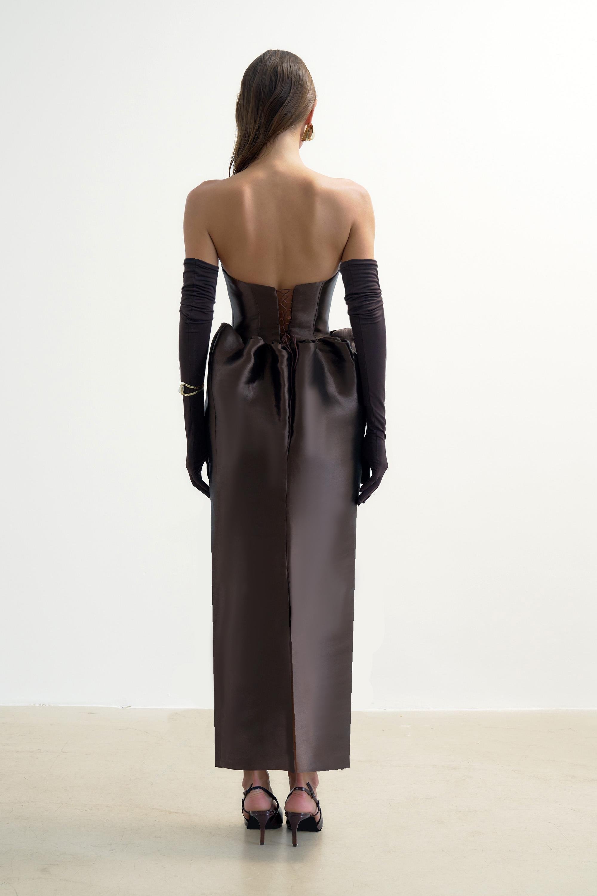 Korseli Balon Etek Detaylı Midi Elbise - Kahverengi