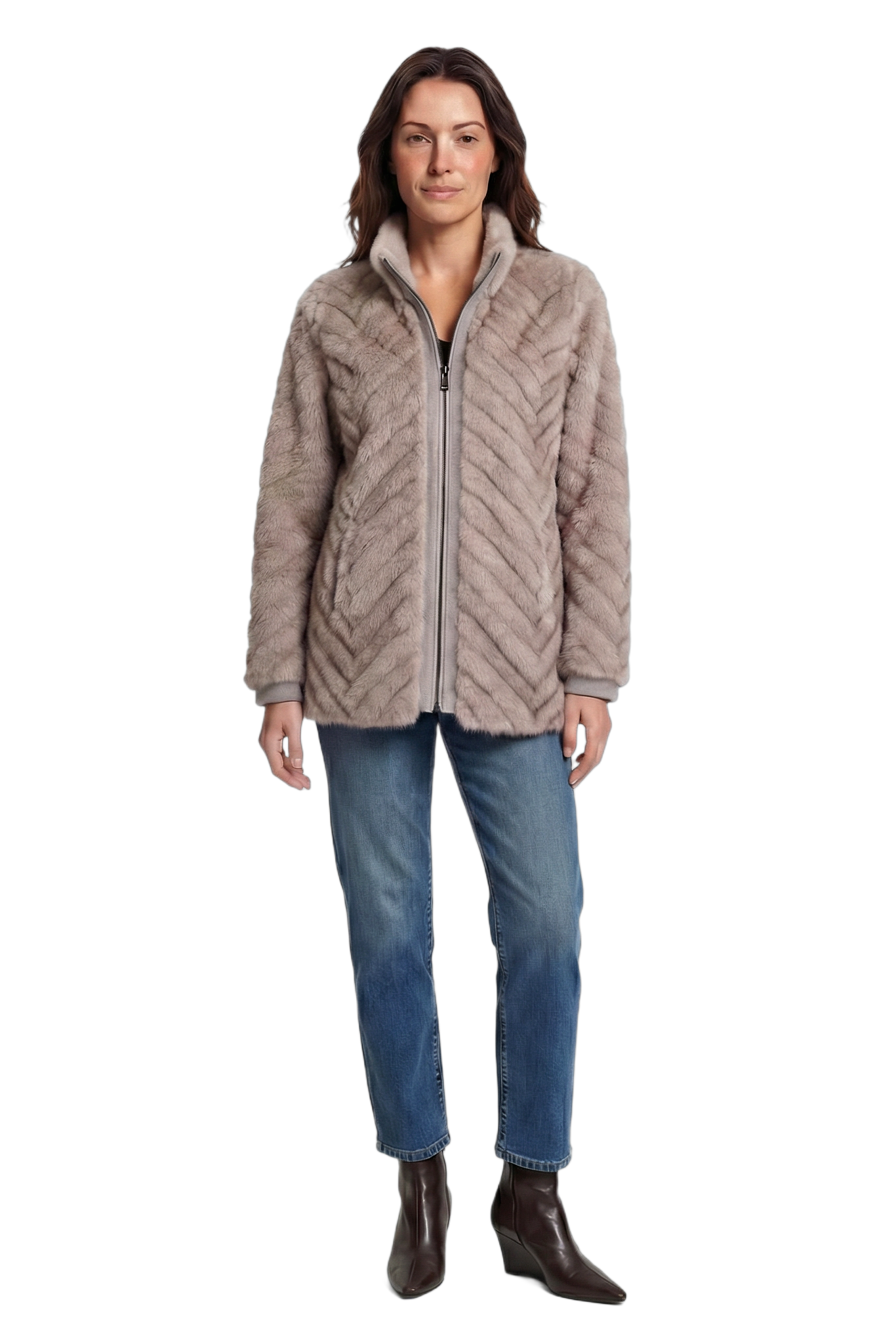 LIXUE Diagonal Dilimli Dik Yaka Suni Kürk Ceket - Gri