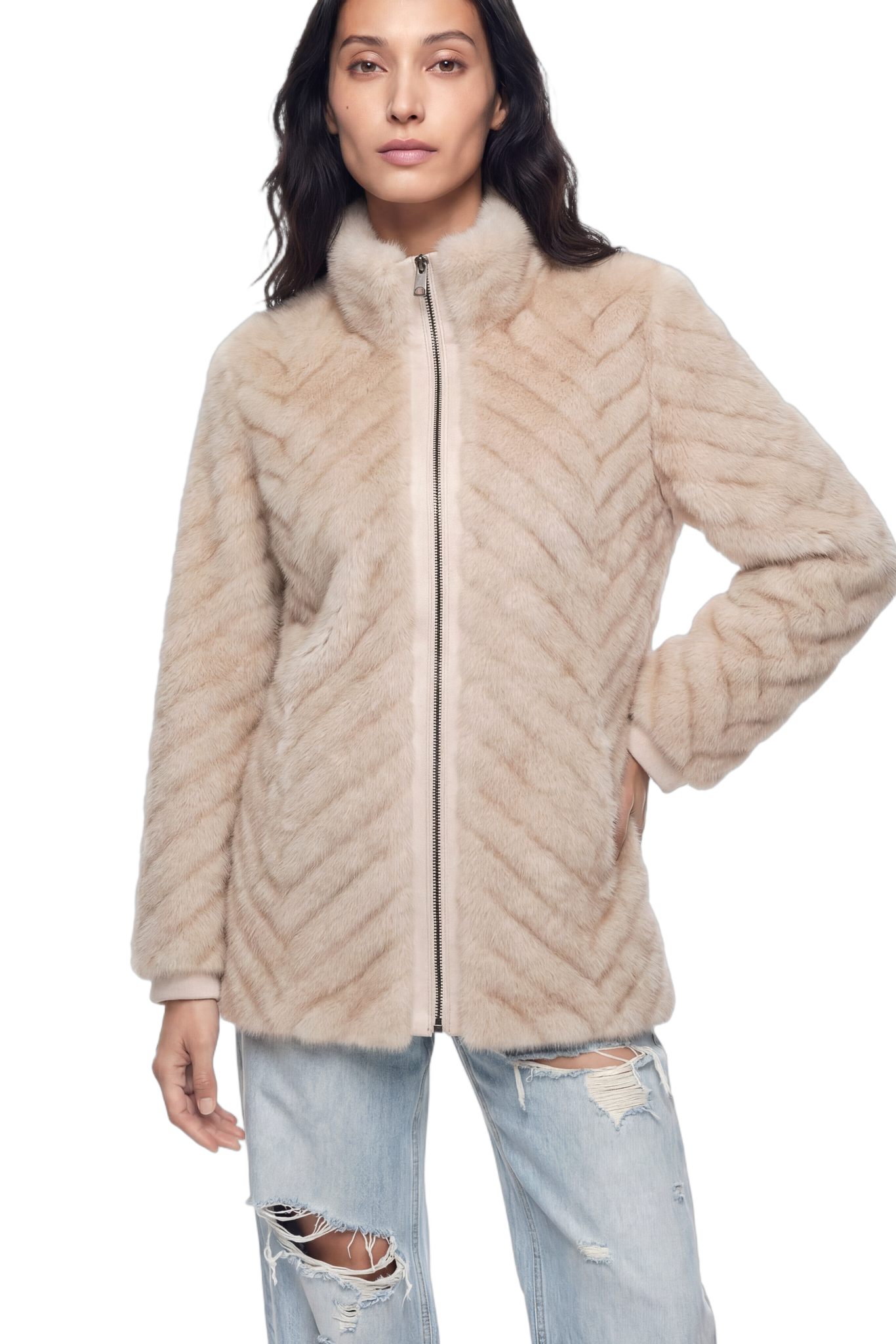 LIXUE Diagonal Dilimli Dik Yaka Suni Kürk Ceket - Bej