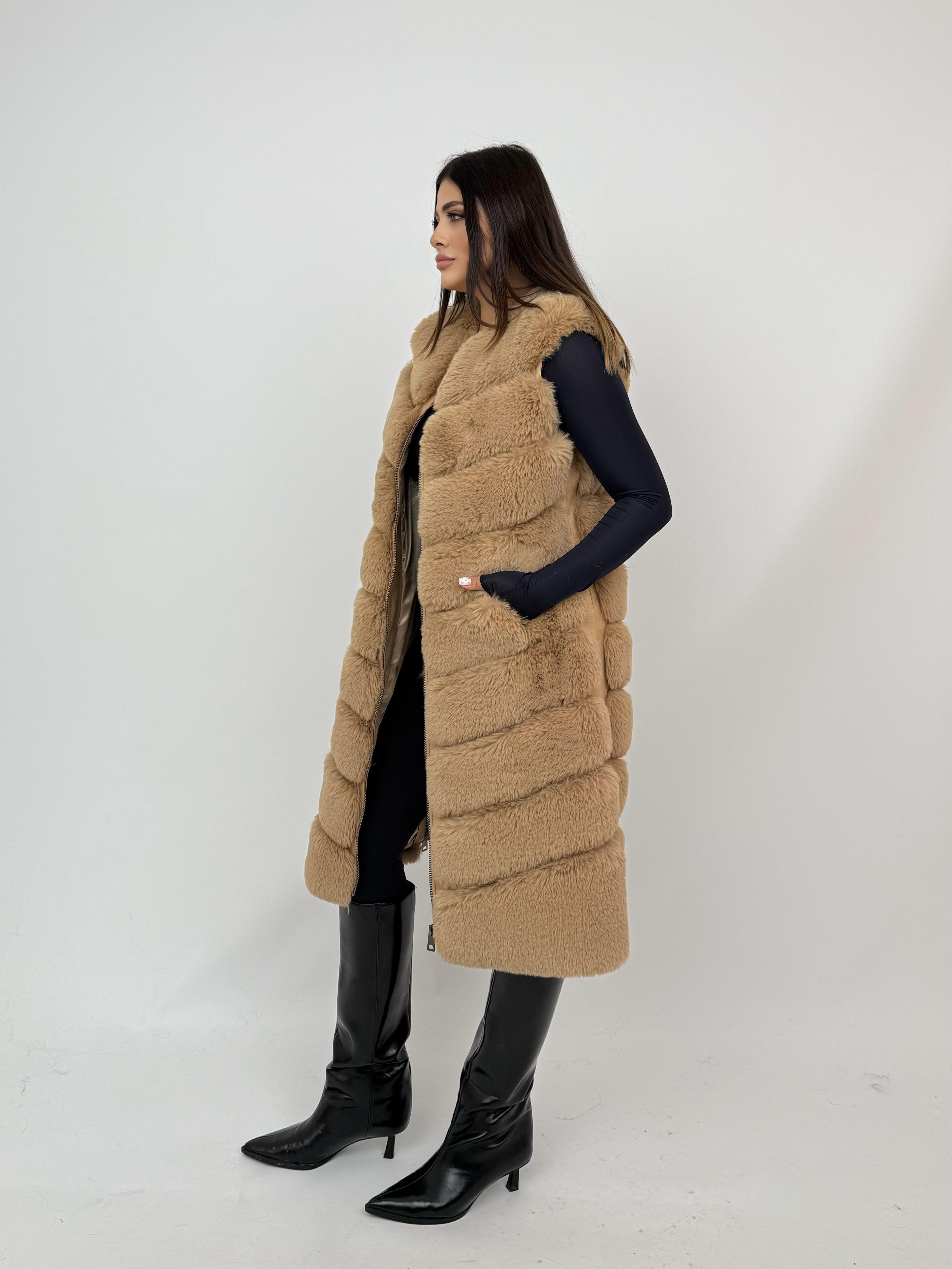 LONG CLASSIC 9 Sıra Dilimli Suni Kürk Yelek - Şampanya