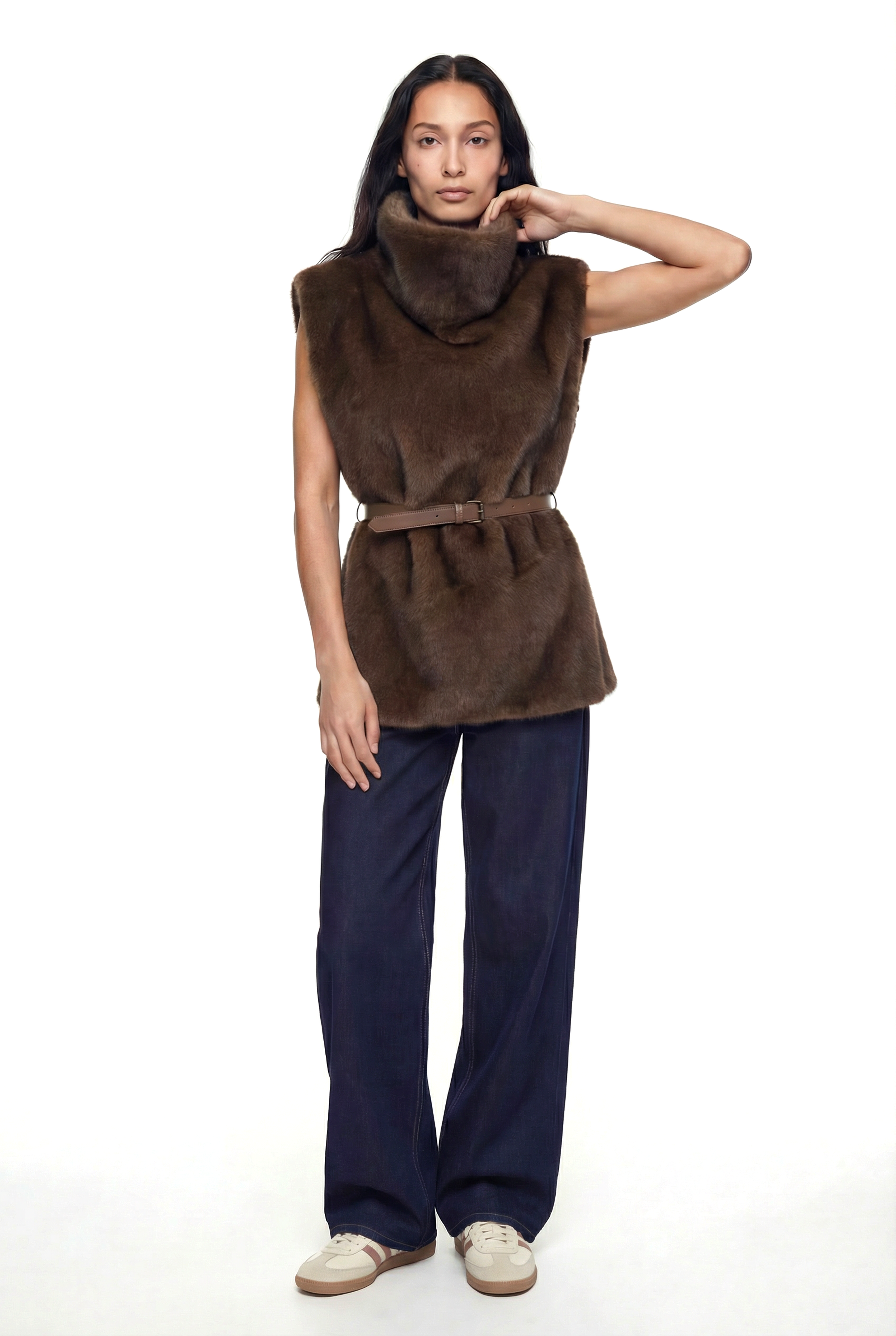 MARTINA Balıkçı Yaka Kemerli Kazak - Kahverengi