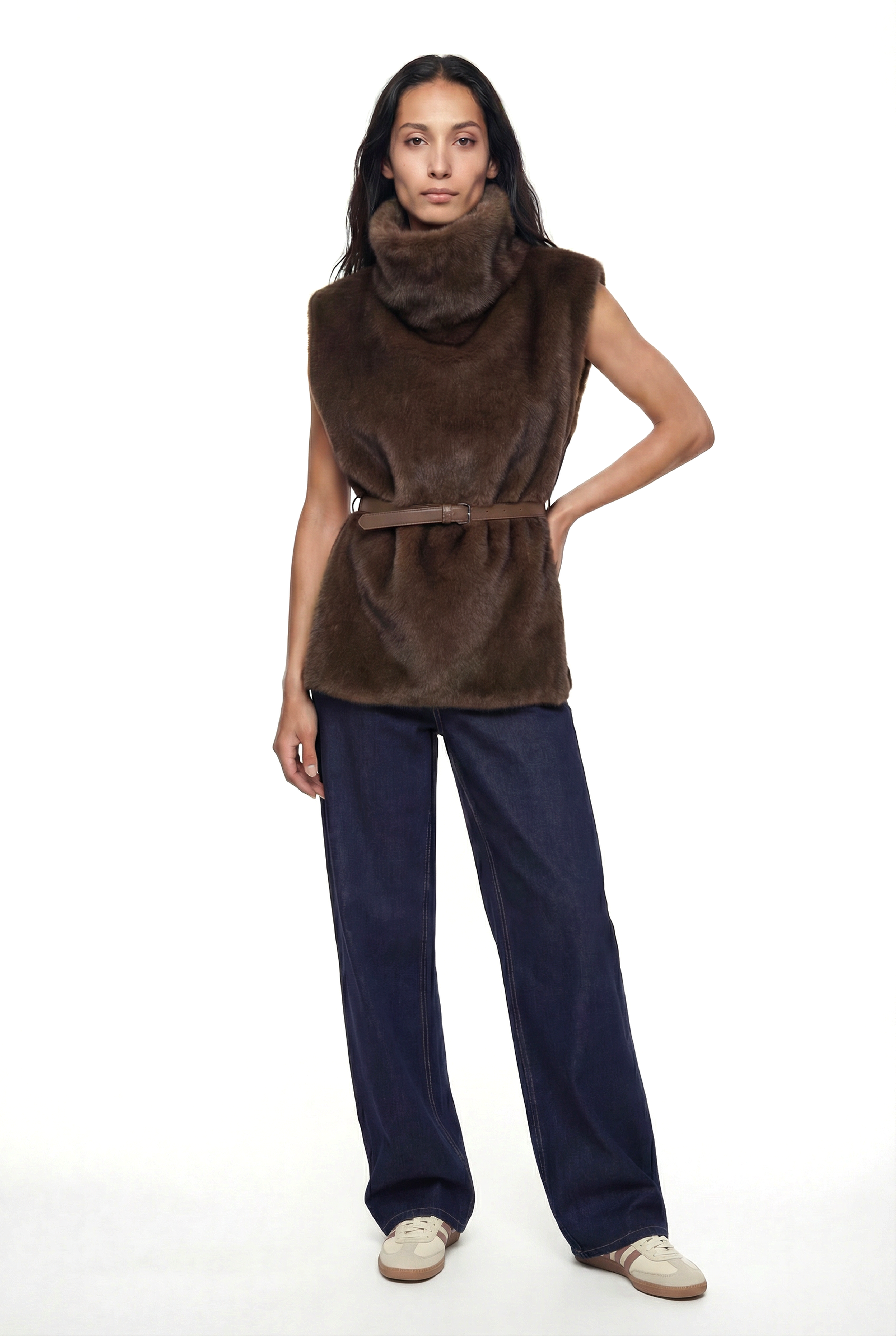 MARTINA Balıkçı Yaka Kemerli Kazak - Kahverengi