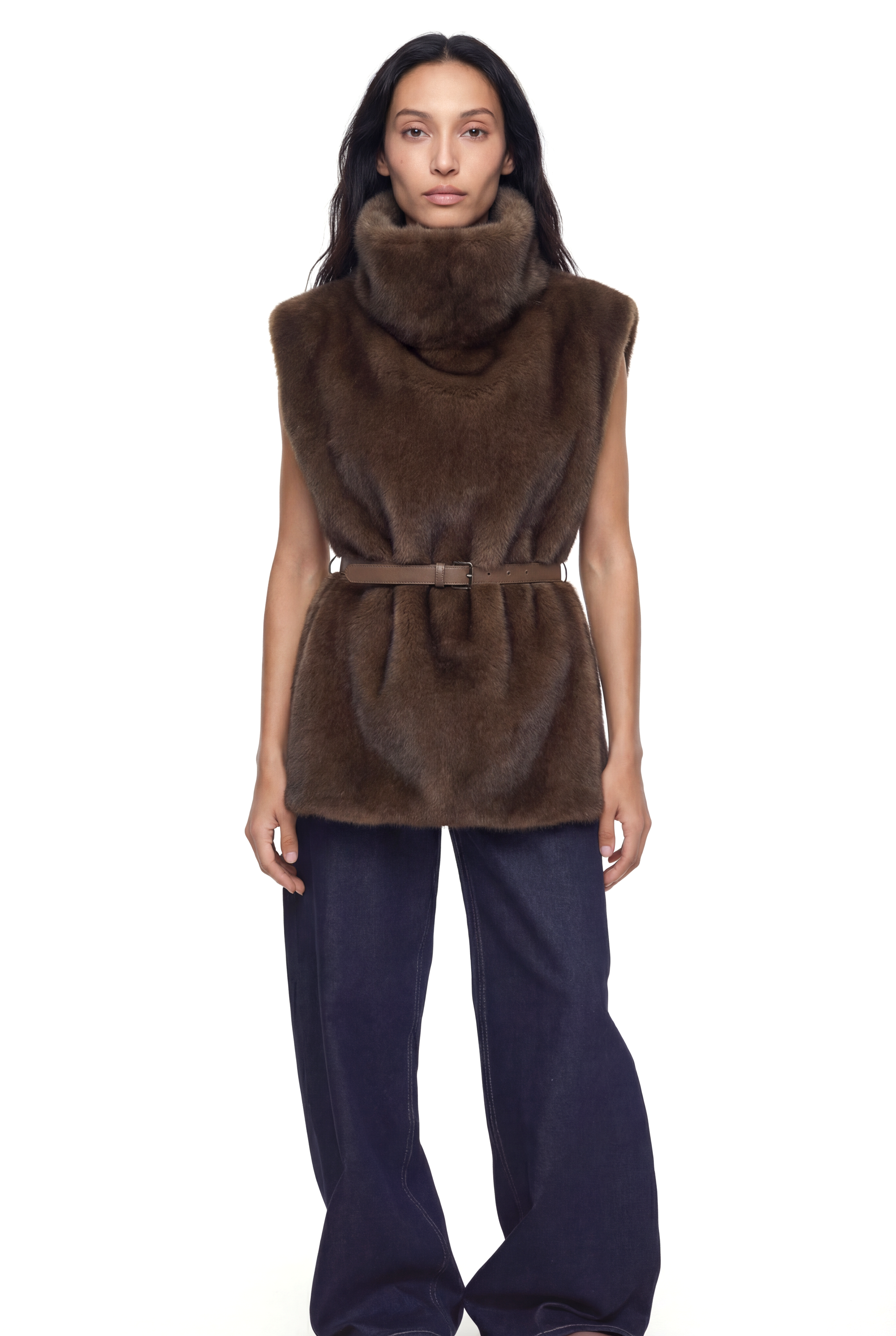 MARTINA Balıkçı Yaka Kemerli Kazak - Kahverengi