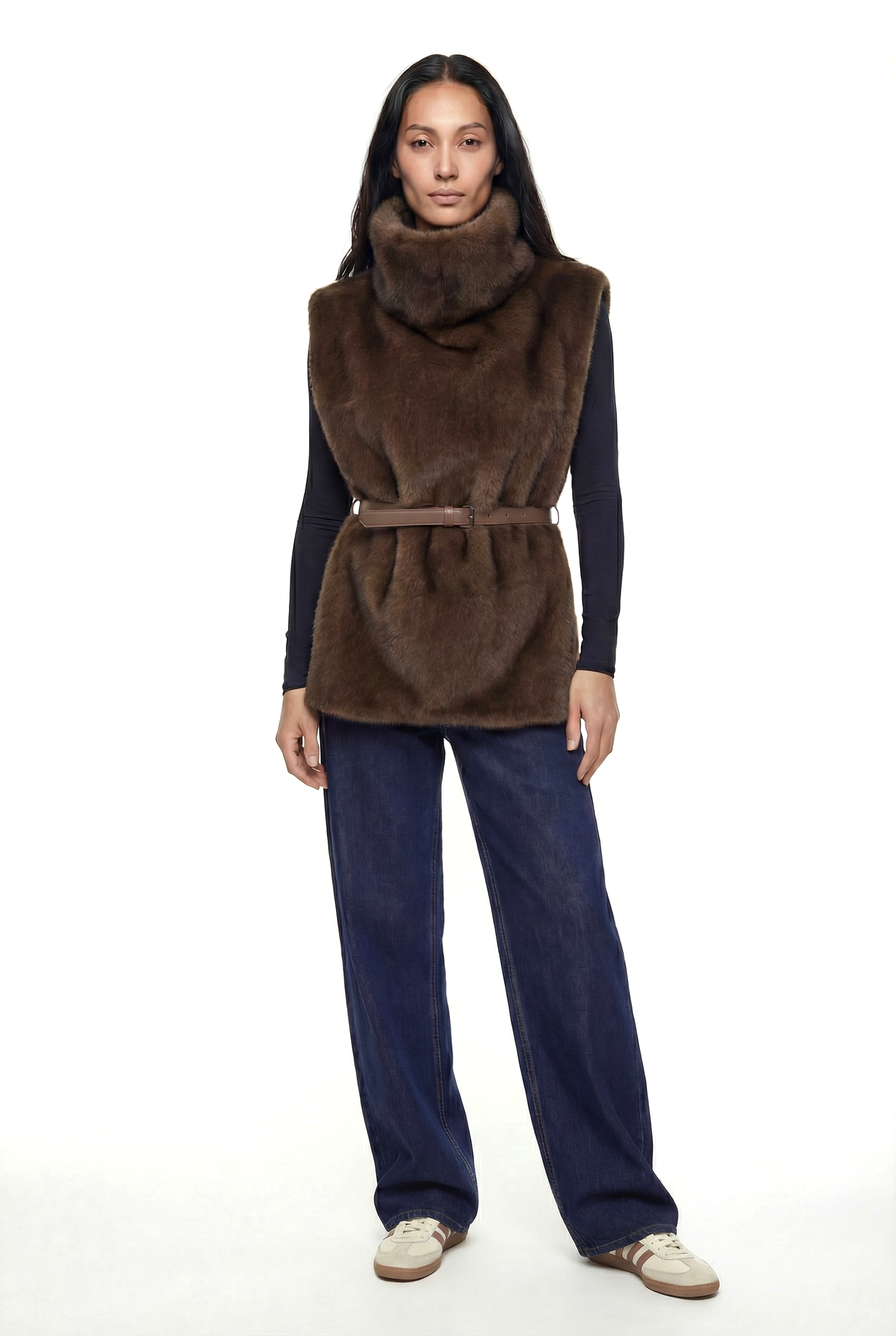 MARTINA Balıkçı Yaka Kemerli Kazak - Kahverengi