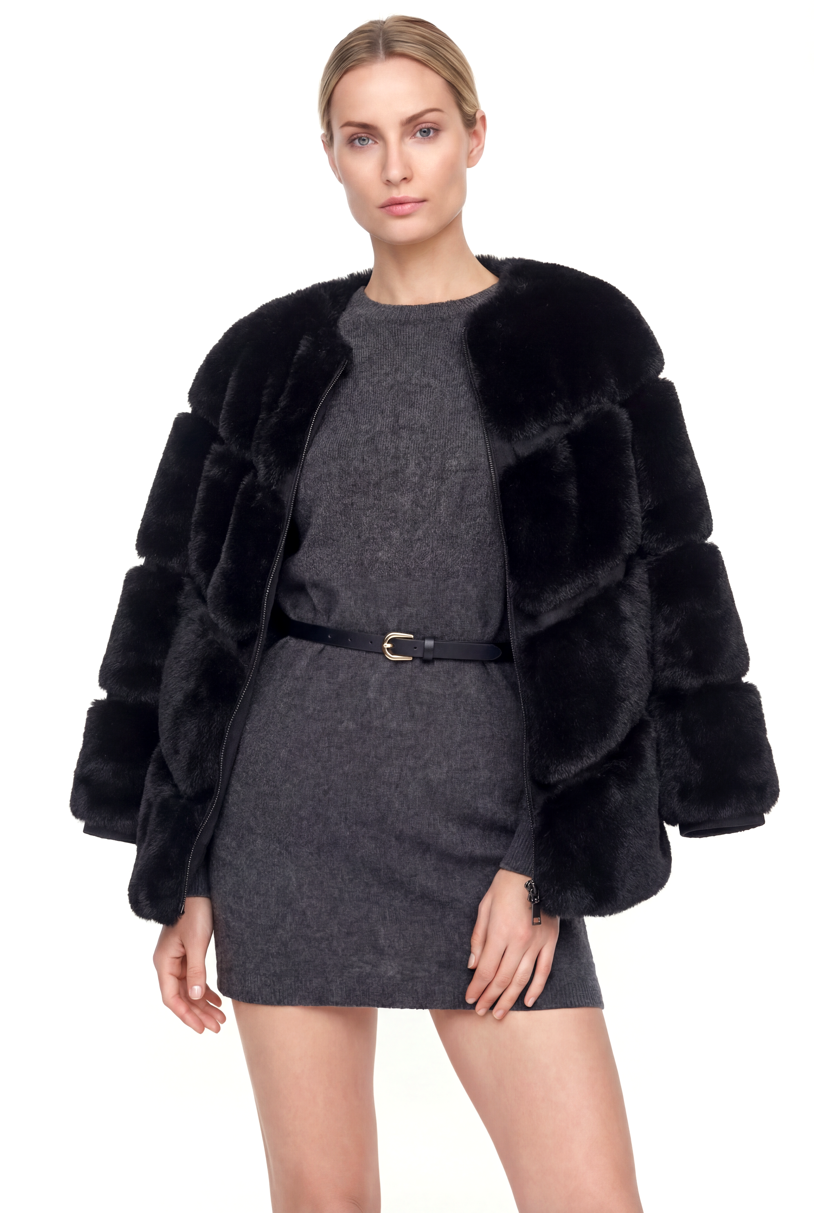NOVUS Yuvarlak Yakalı Yoğun Kürklü Ceket - Siyah