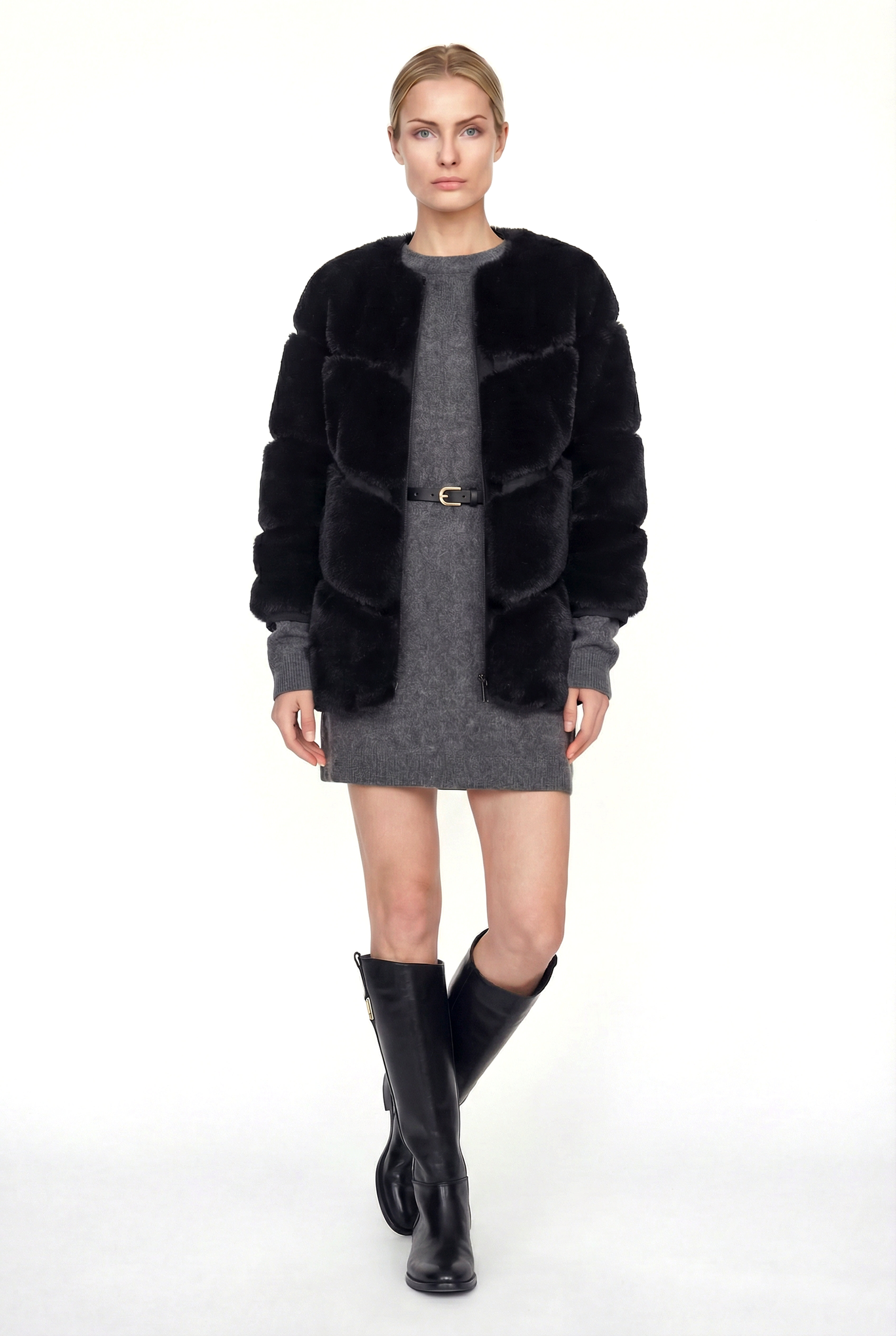 NOVUS Yuvarlak Yakalı Yoğun Kürklü Ceket - Siyah