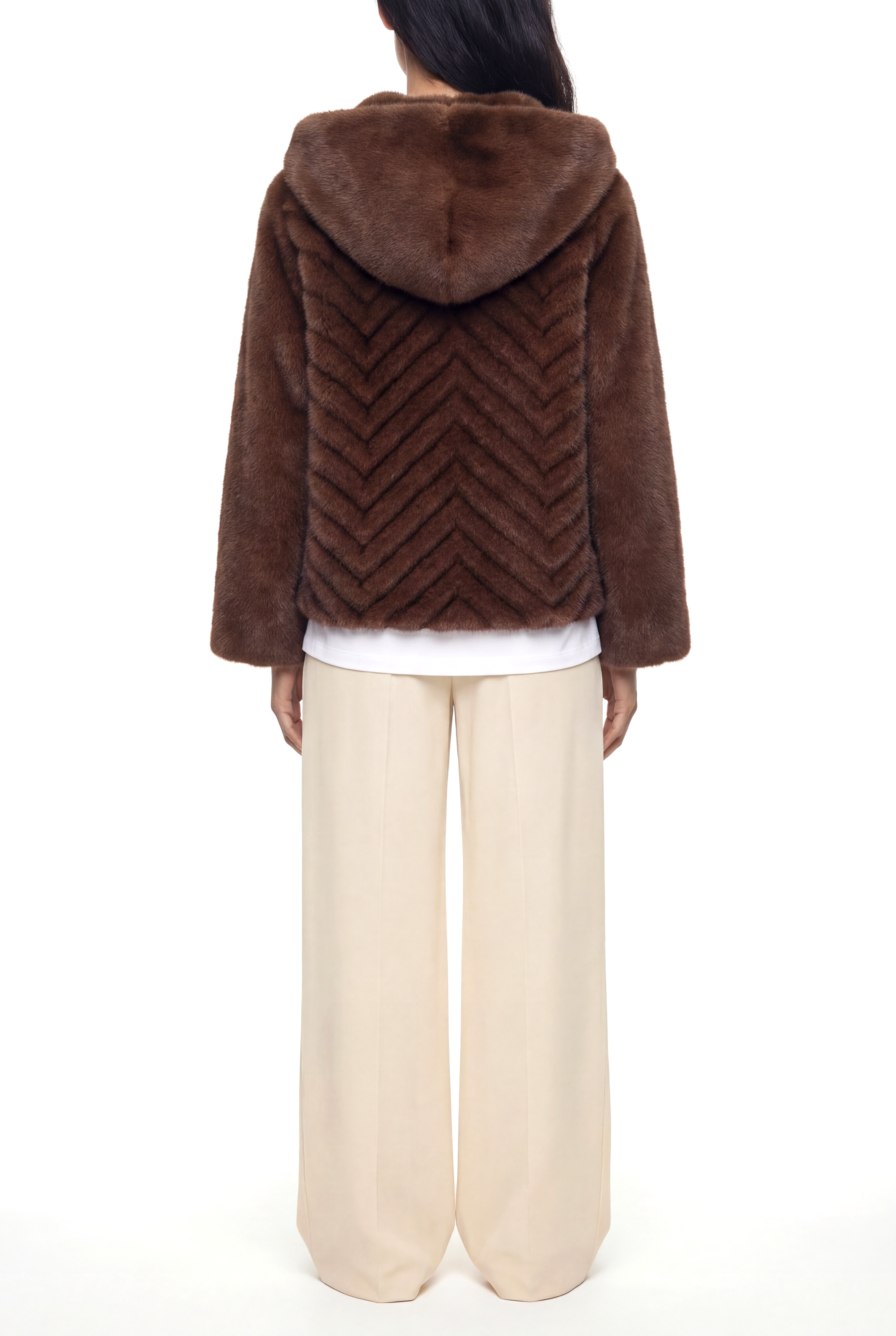 OLESYA Diagonal Dilimli Kapüşonlu Suni Kürk Ceket - Kahverengi