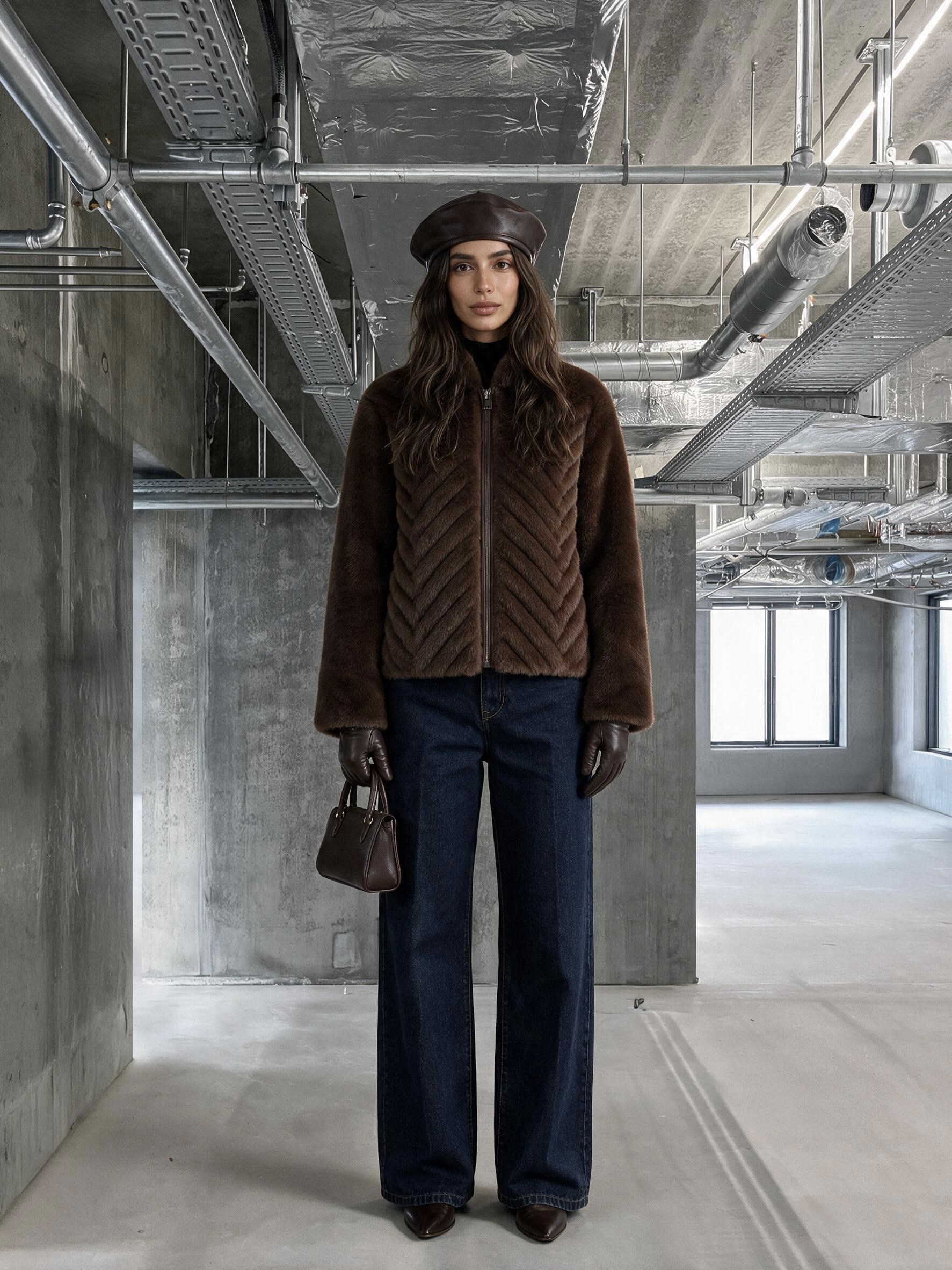 OLESYA Diagonal Dilimli Kapüşonlu Suni Kürk Ceket - Kahverengi