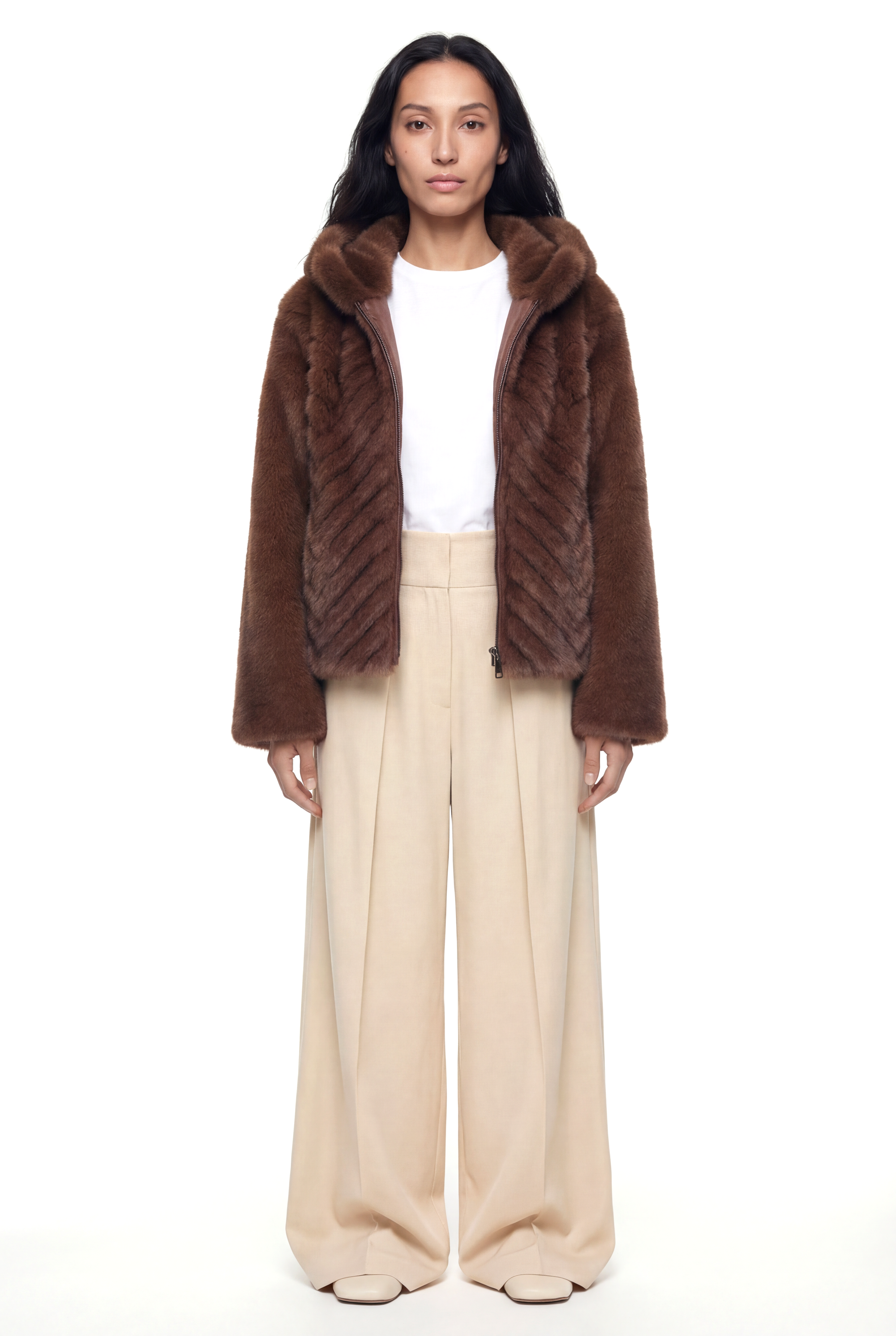 OLESYA Diagonal Dilimli Kapüşonlu Suni Kürk Ceket - Kahverengi