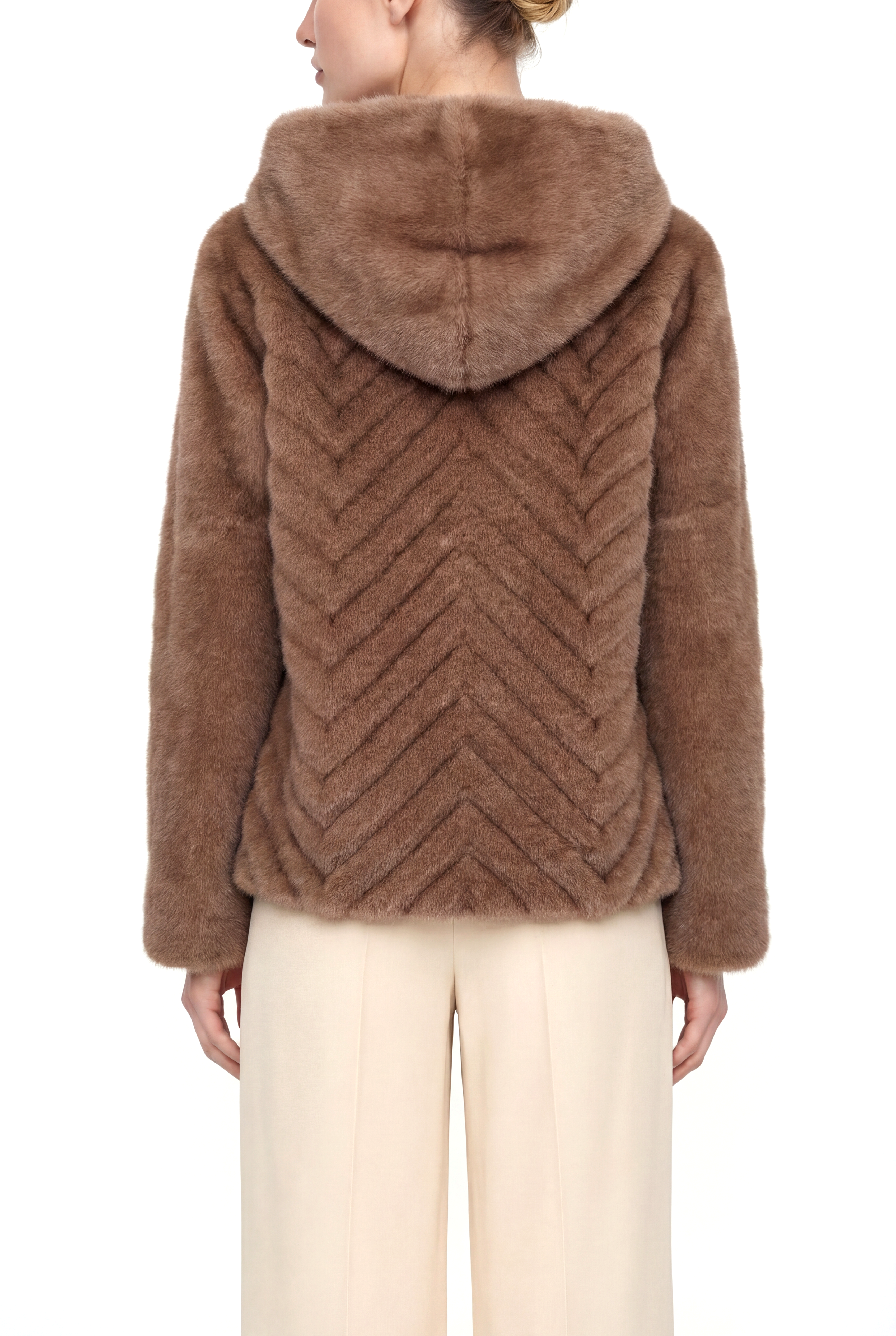 OLESYA Diagonal Dilimli Kapüşonlu Suni Kürk Ceket - Vizon
