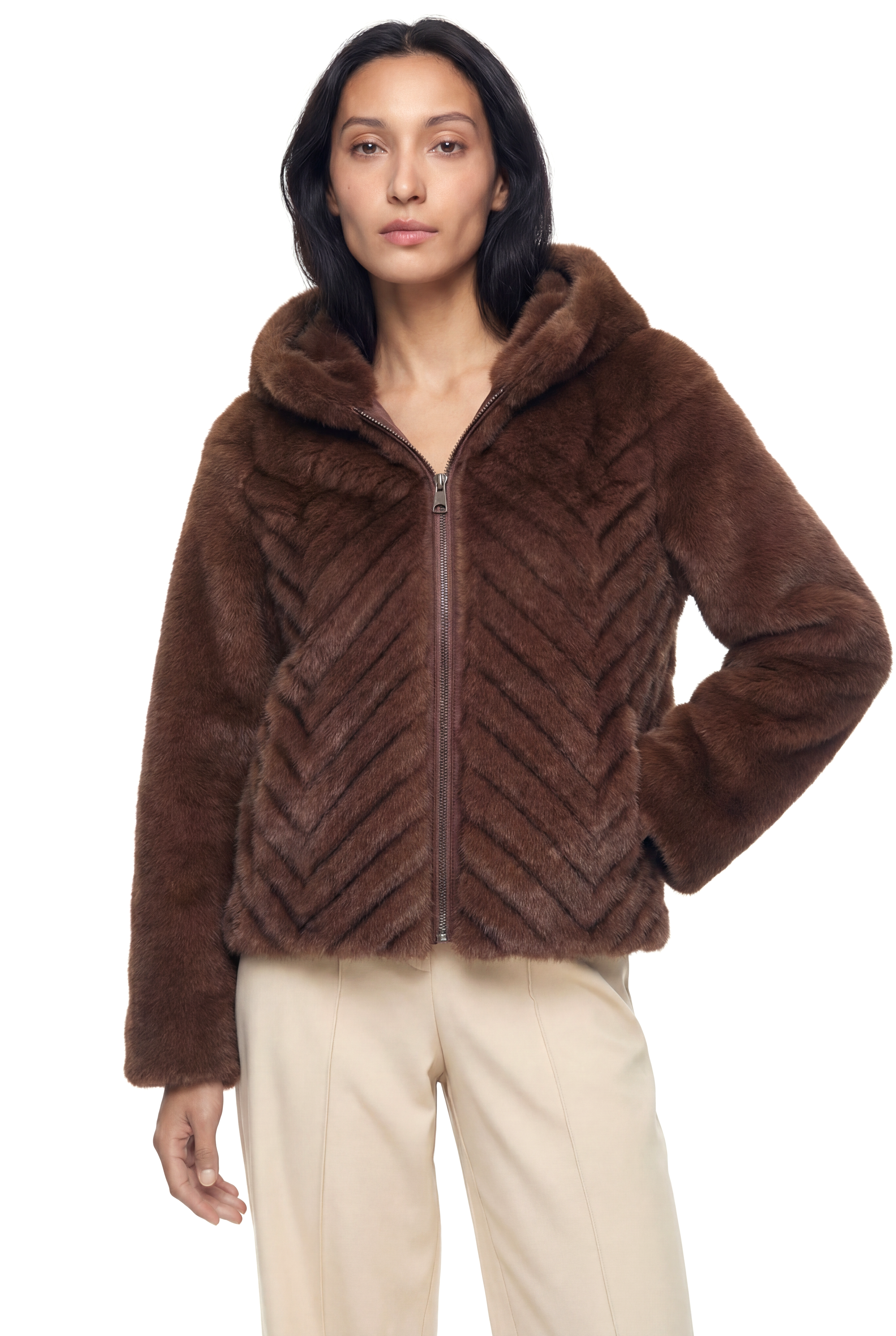 OLESYA Diagonal Dilimli Kapüşonlu Suni Kürk Ceket - Kahverengi