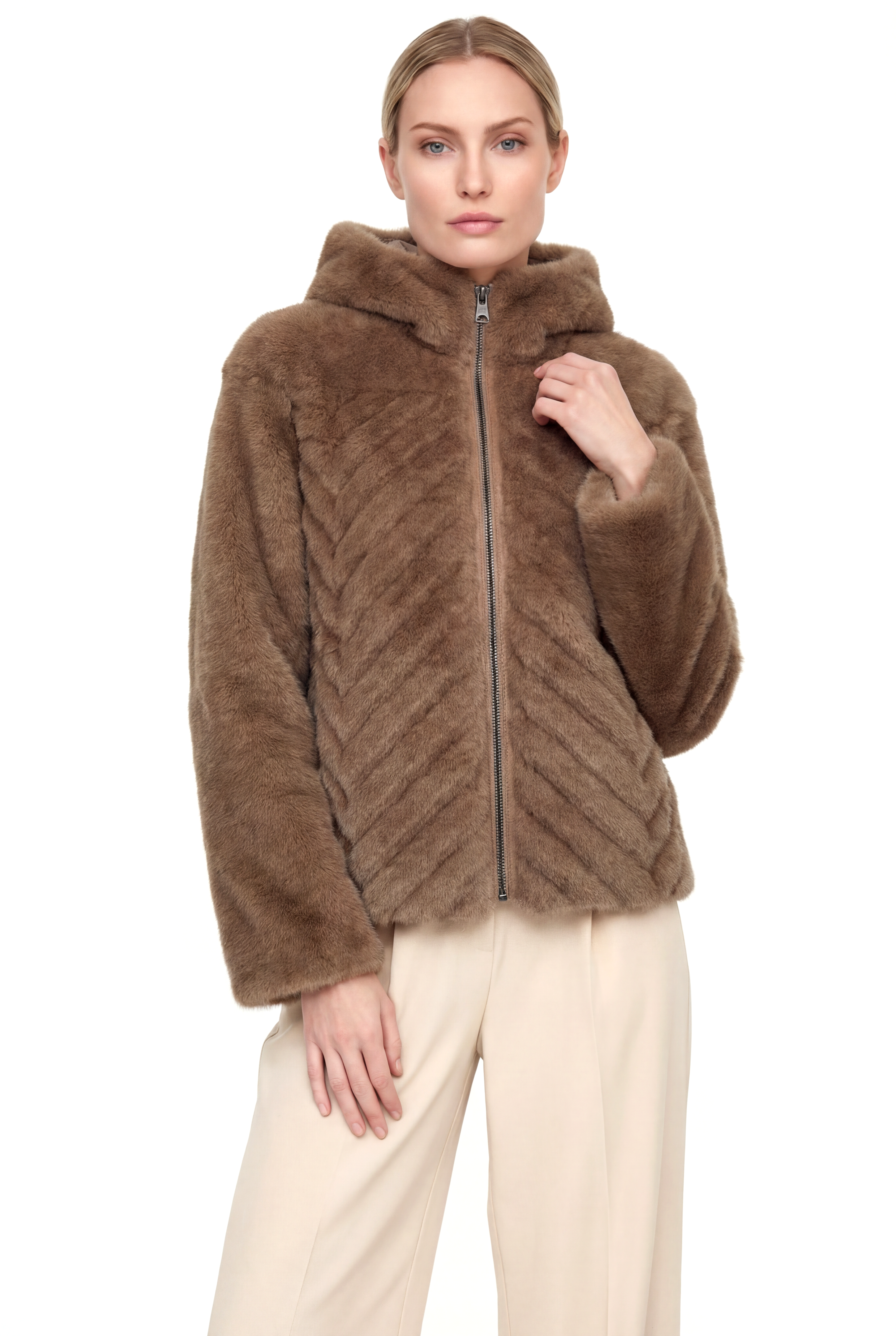 OLESYA Diagonal Dilimli Kapüşonlu Suni Kürk Ceket - Vizon