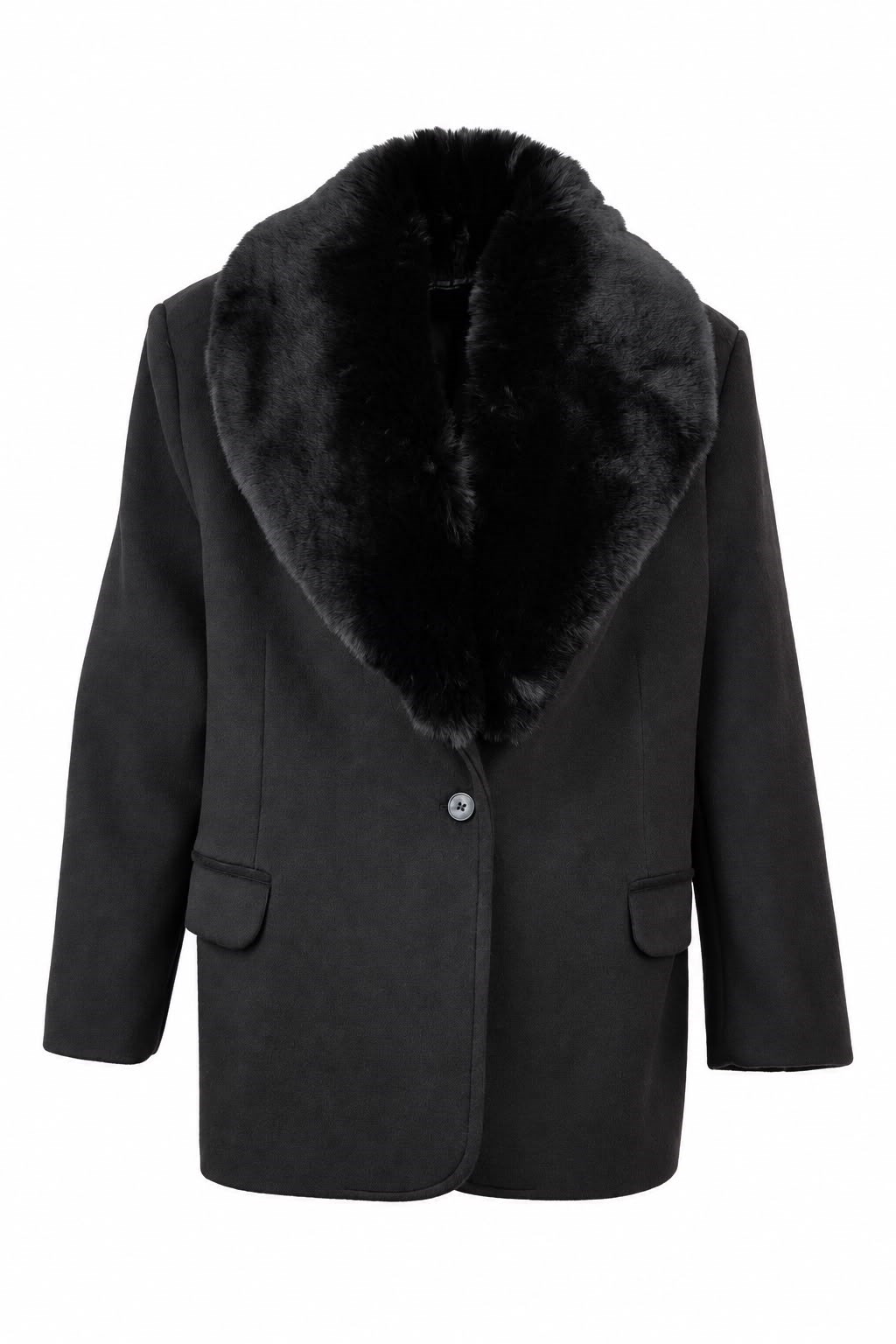 RUBY Yakası Kürklü Oversize Kaşe Ceket - Siyah