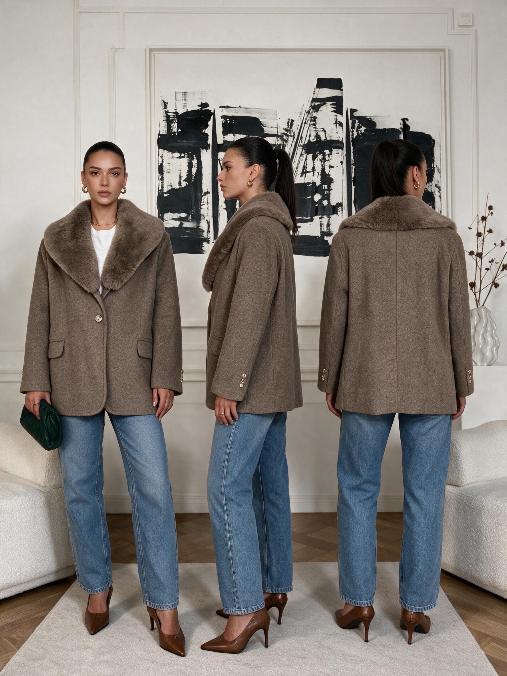 RUBY Yakası Kürklü Oversize Kaşe Ceket - Vizon
