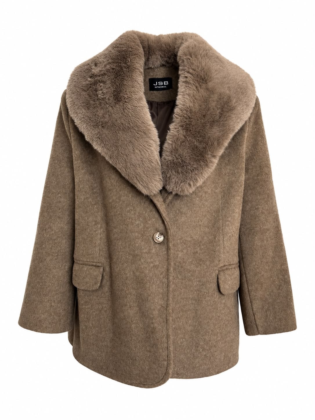 RUBY Yakası Kürklü Oversize Kaşe Ceket - Vizon