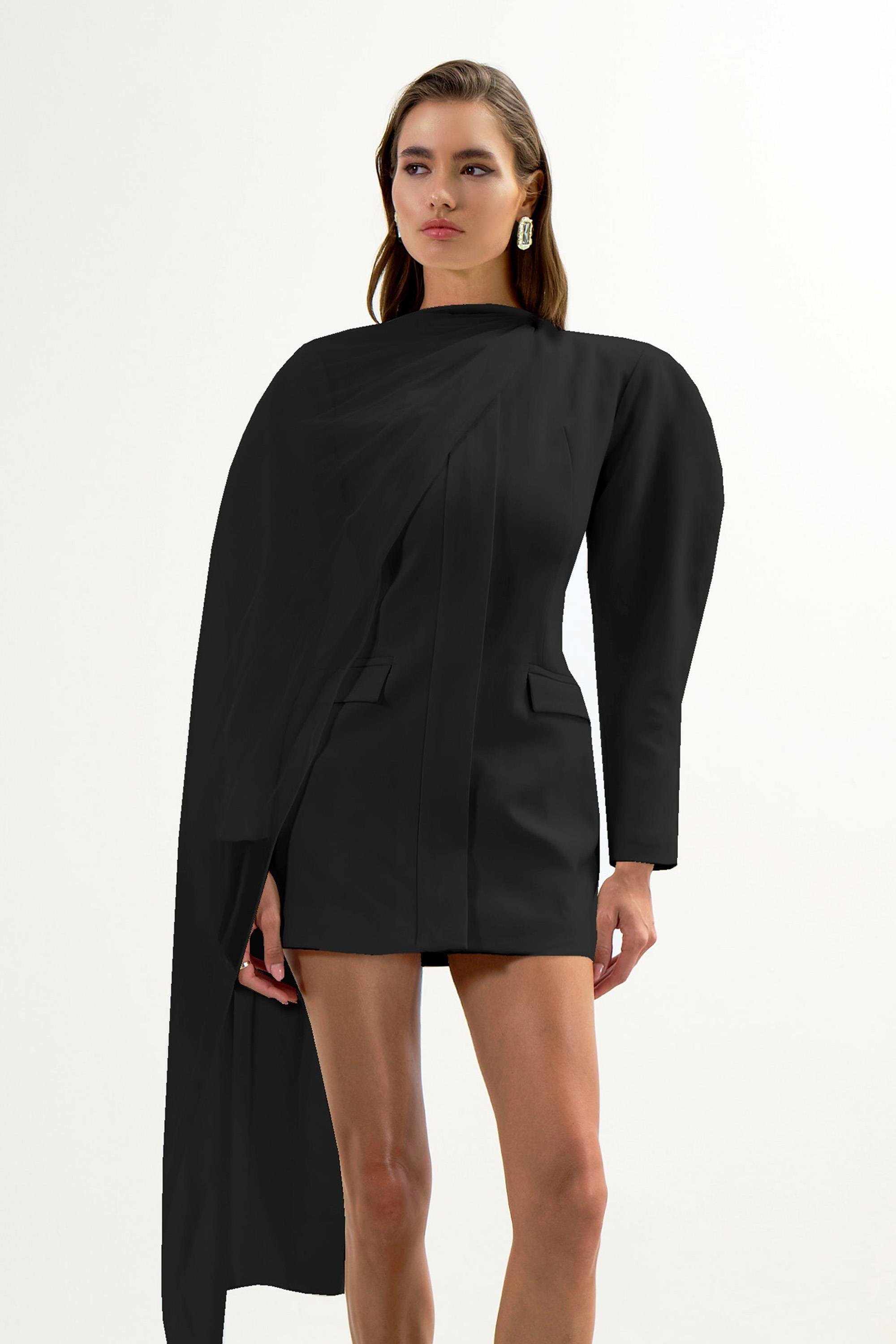 Şal Detaylı Mini Ceket Elbise - Siyah