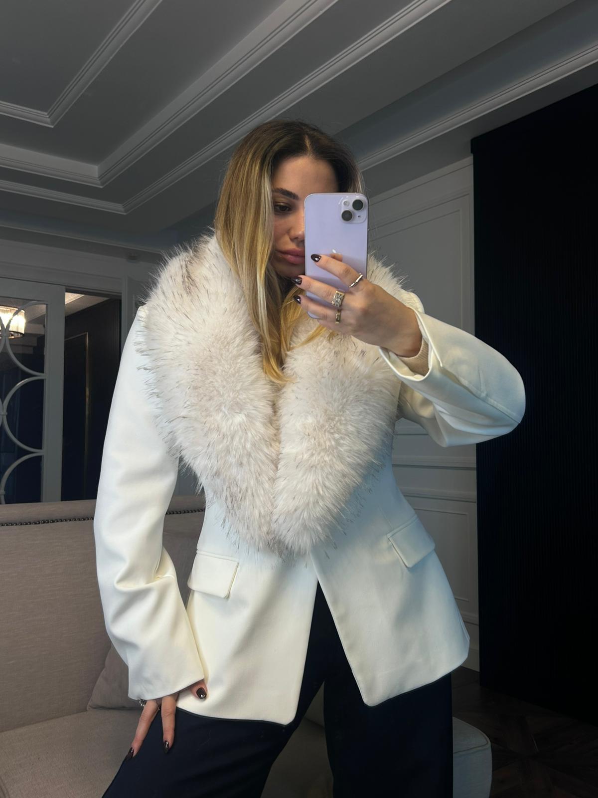 Şal Yaka Seyyar Kürk - Kırçıllı Ekru