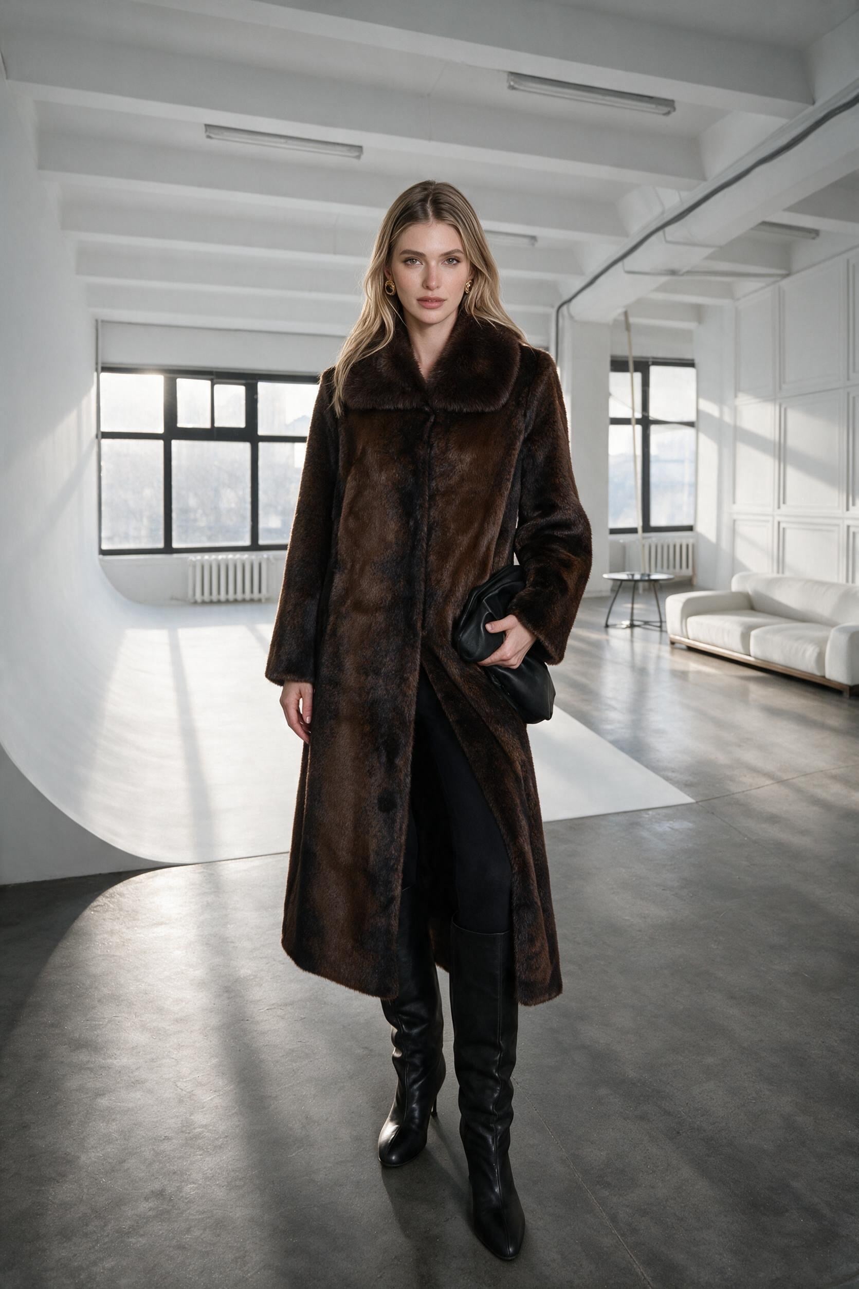 SOLA Bebe Yaka Suni Kürk Manto - Acı Kahve