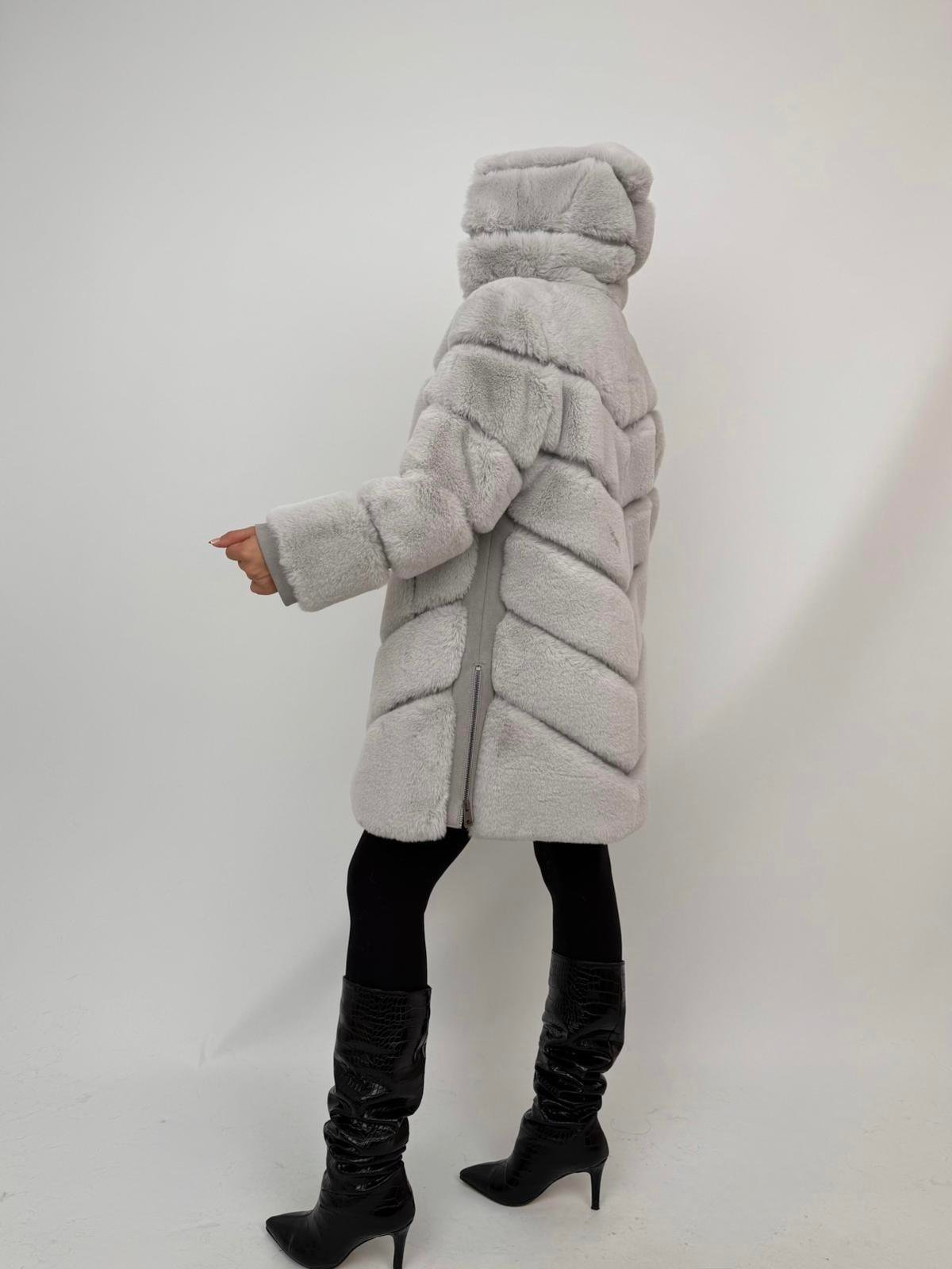 VANG Kapüşonlu Diz Altı Fermuarlı Suni Kürk Ceket - Buz