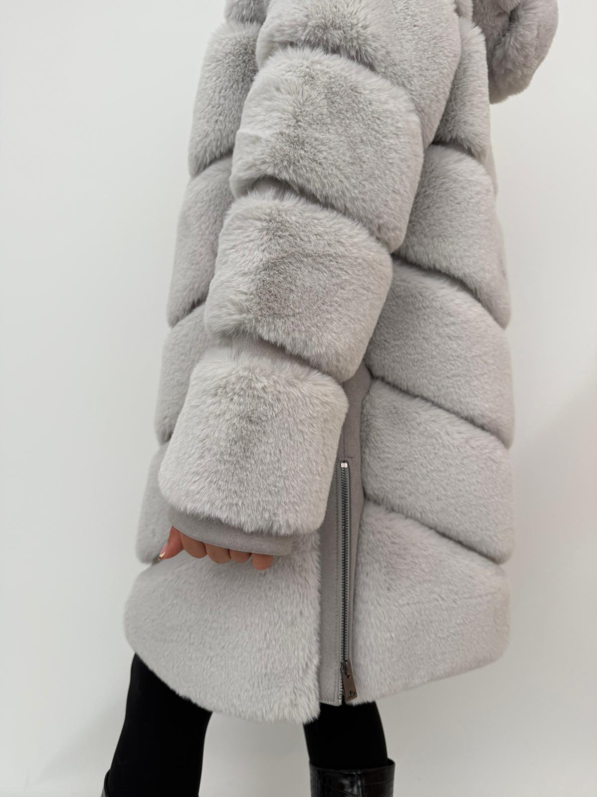 VANG Kapüşonlu Diz Altı Fermuarlı Suni Kürk Ceket - Buz