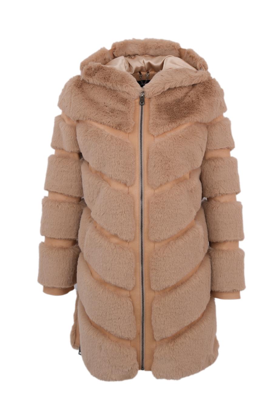 VANG Kapüşonlu Diz Altı Fermuarlı Suni Kürk Ceket - Şampanya