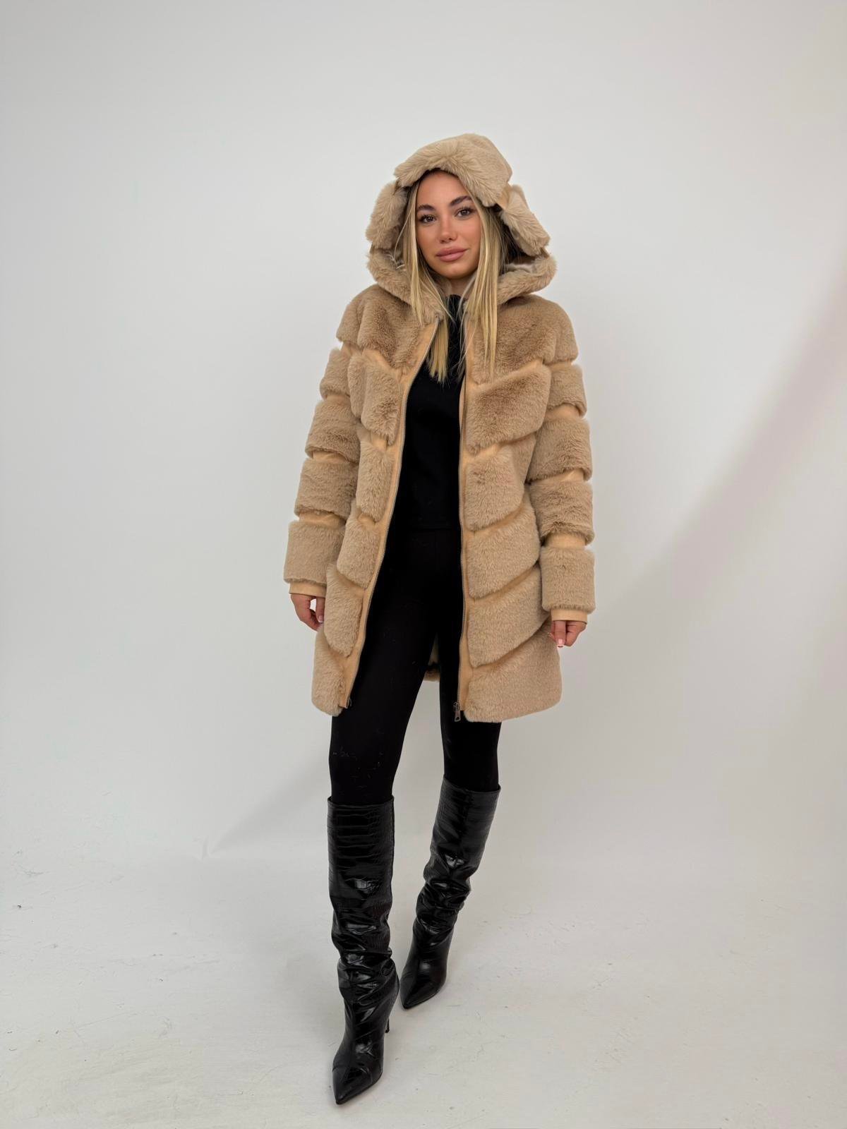 VANG Kapüşonlu Diz Altı Fermuarlı Suni Kürk Ceket - Şampanya