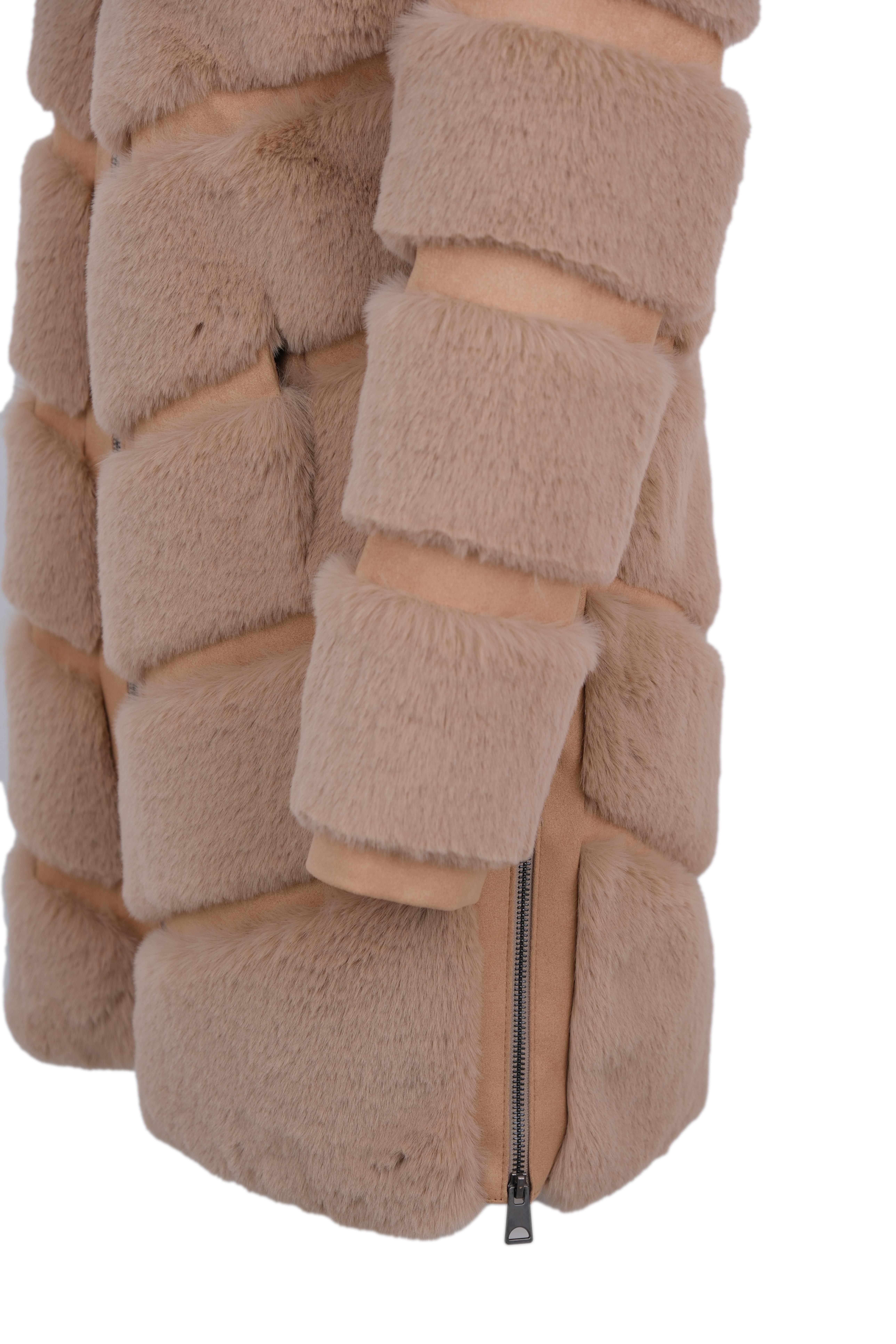 VANG Kapüşonlu Diz Altı Fermuarlı Suni Kürk Ceket - Şampanya