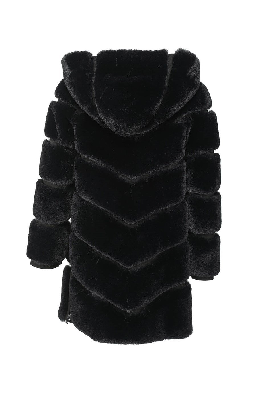 VANG Kapüşonlu Diz Altı Fermuarlı Suni Kürk Ceket - Siyah